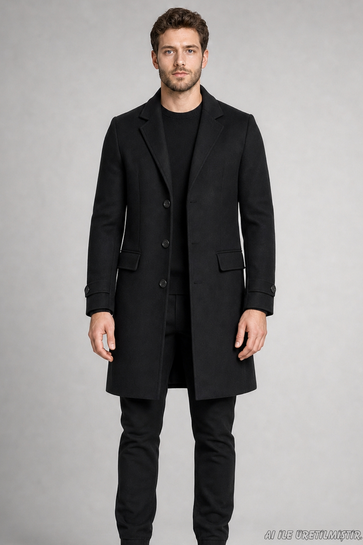 Freemen Erkek Siyah Slim Fit Kaşe Kaban Klasik Yaka 3 Düğmeli Uzun Kesim Kışlık Palto