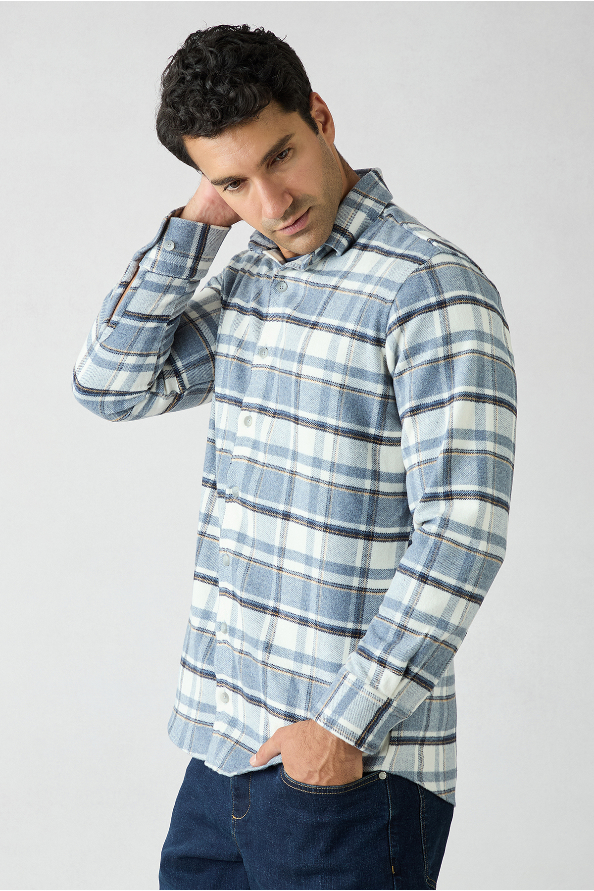 Uzun Kol Regular Fit Ekose Yünlü Flanel Oduncu Kışlık Gömlek — آبی KK27400000128 — تصویر 3 از 6