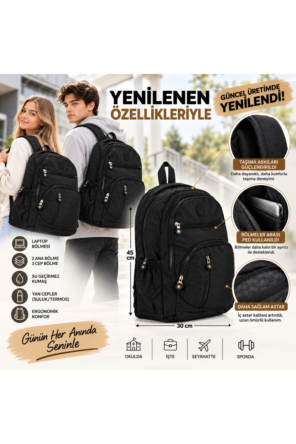 citycenterfashion Unisex Güçlendirilmiş Askı ve Astarıyla Lüx Krinkıl Su Geçirmez Kumaş Büyük Boy Sırt Çantası Cty-lbn-101 Okul ve Seyahat Çantası görsel 3
