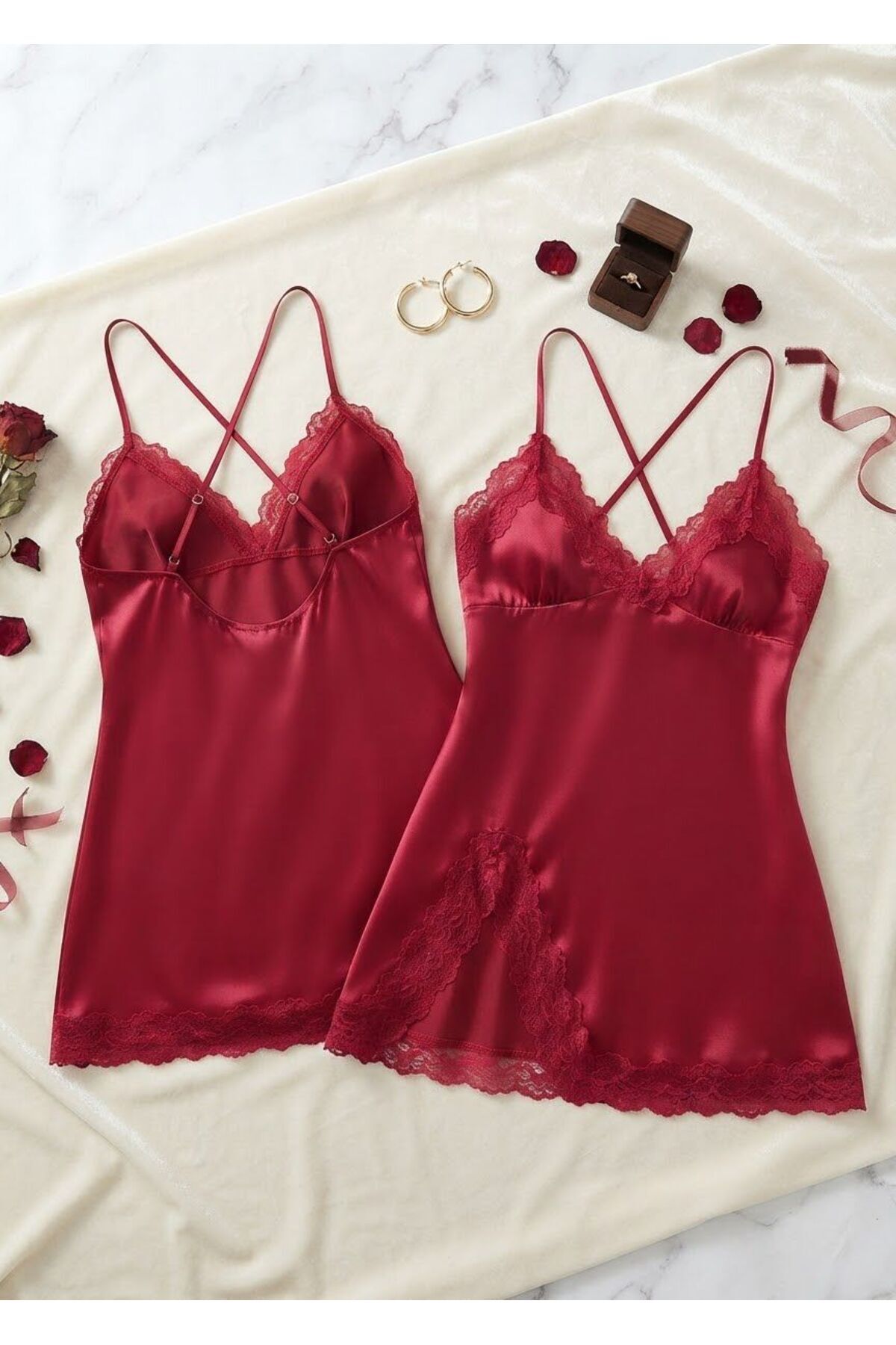 laseni underwear Kadın Kırmızı Şık Dantelli Yırtmaçlı Saten Gecelik Laseni Undwear görsel 6