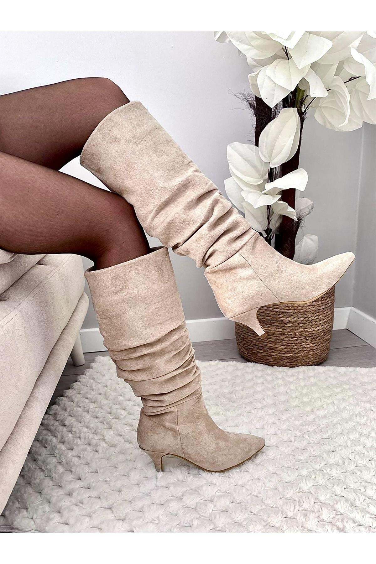 asmi shoes Kadın OSLO Topuklu Körüklü Şık Tarz Günlük Rahat Çizme Bej Süet görsel 5
