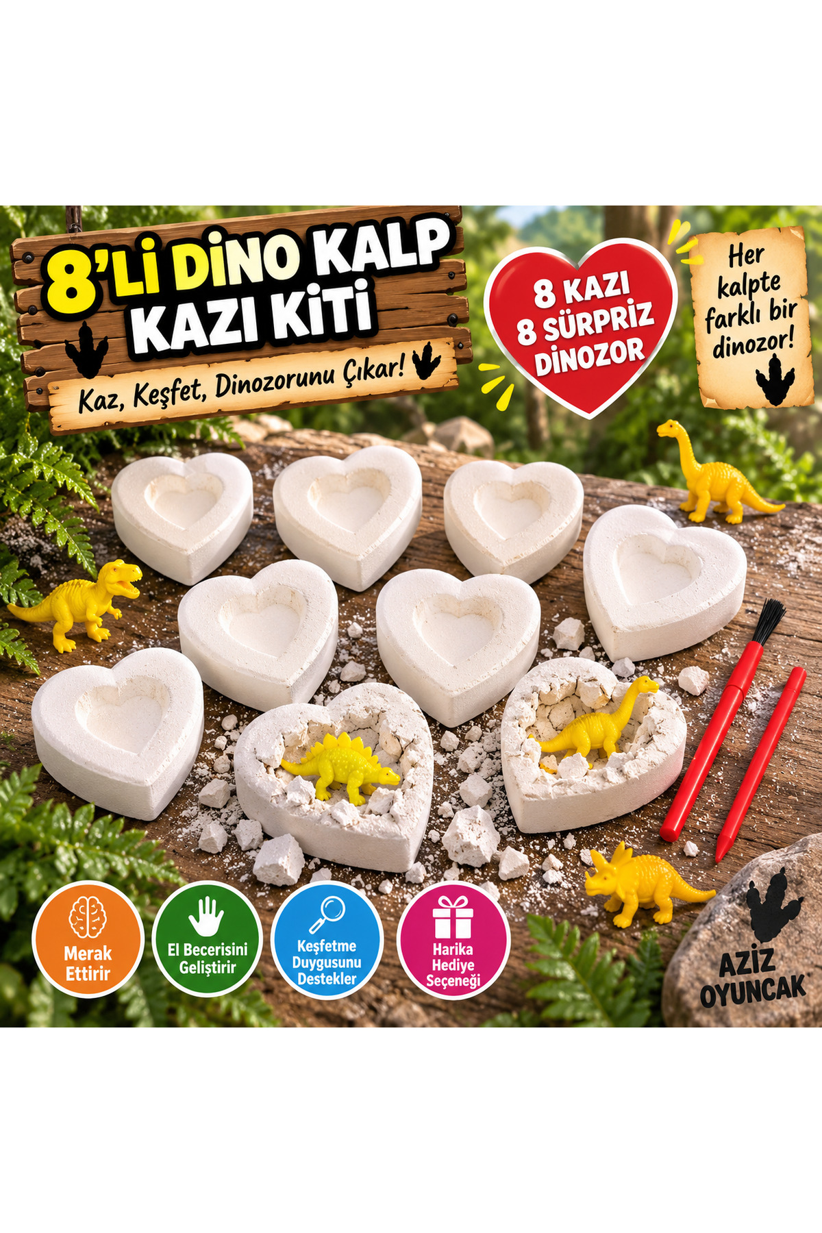 AZİZ OYUNCAK 💛💛 Kalp Şeklinde 8'li Dinazor Kazı Oyuncağı