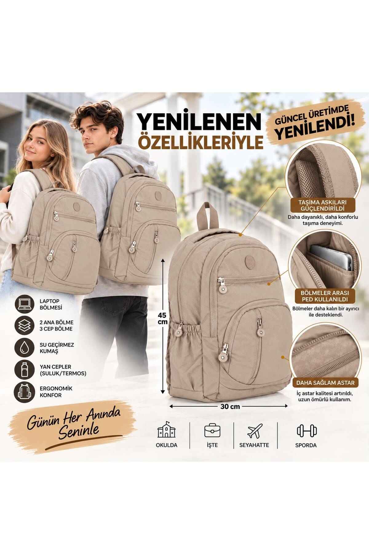 citycenterfashion Unisex Güçlendirilmiş Askı ve Astarıyla Lüx Krinkıl Su Geçirmez Kumaş Büyük Boy Sırt Çantası cty-lbn-101 Çok Bölmeli Okul ve Seyahat Çantası görsel 4