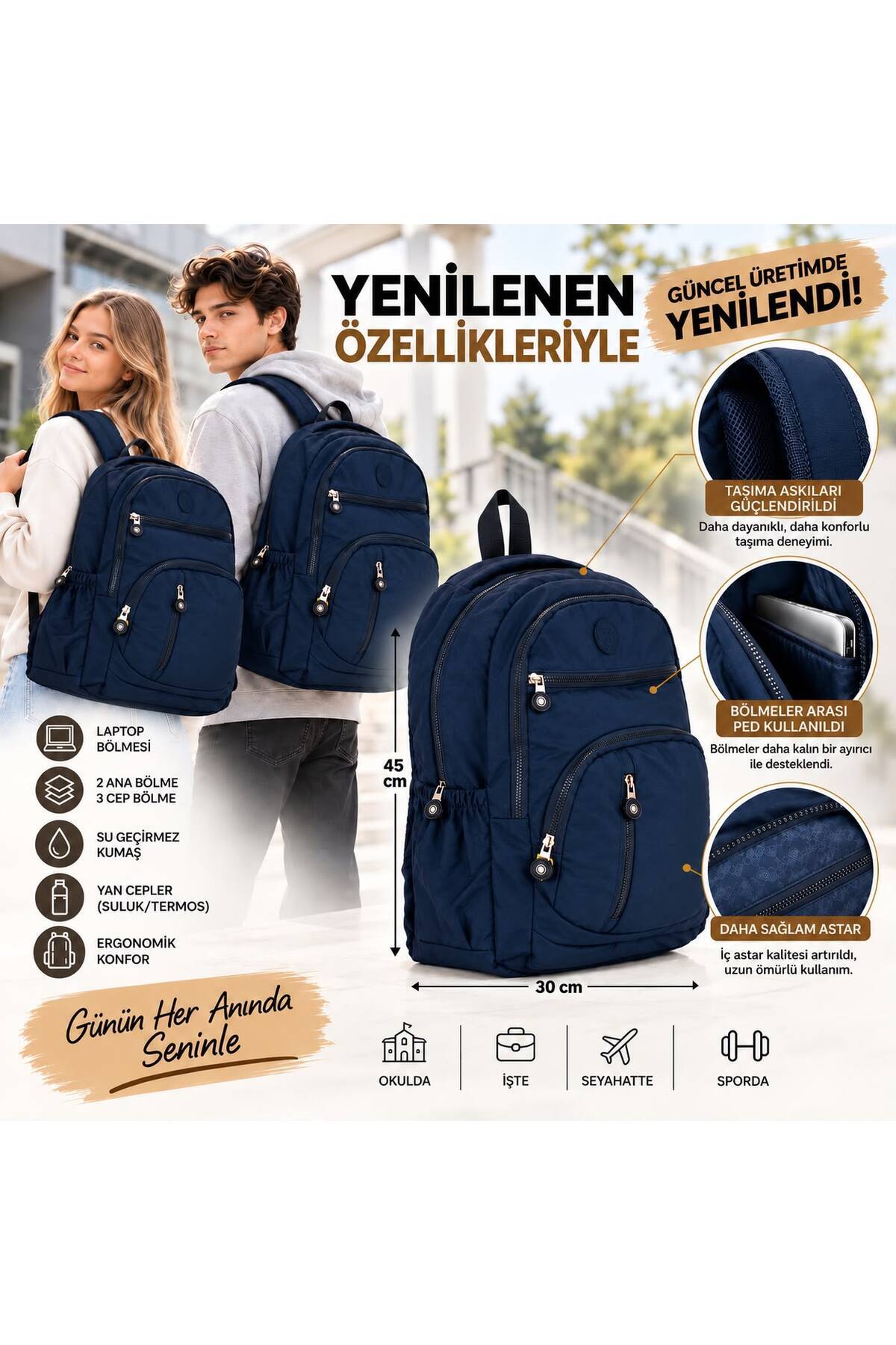 citycenterfashion Unisex Krinkıl Su Geçirmez Kumaş Büyük Boy Çok Gözlü Okul ve Seyahat Sırt Çantası cty-lbn-101 görsel 4