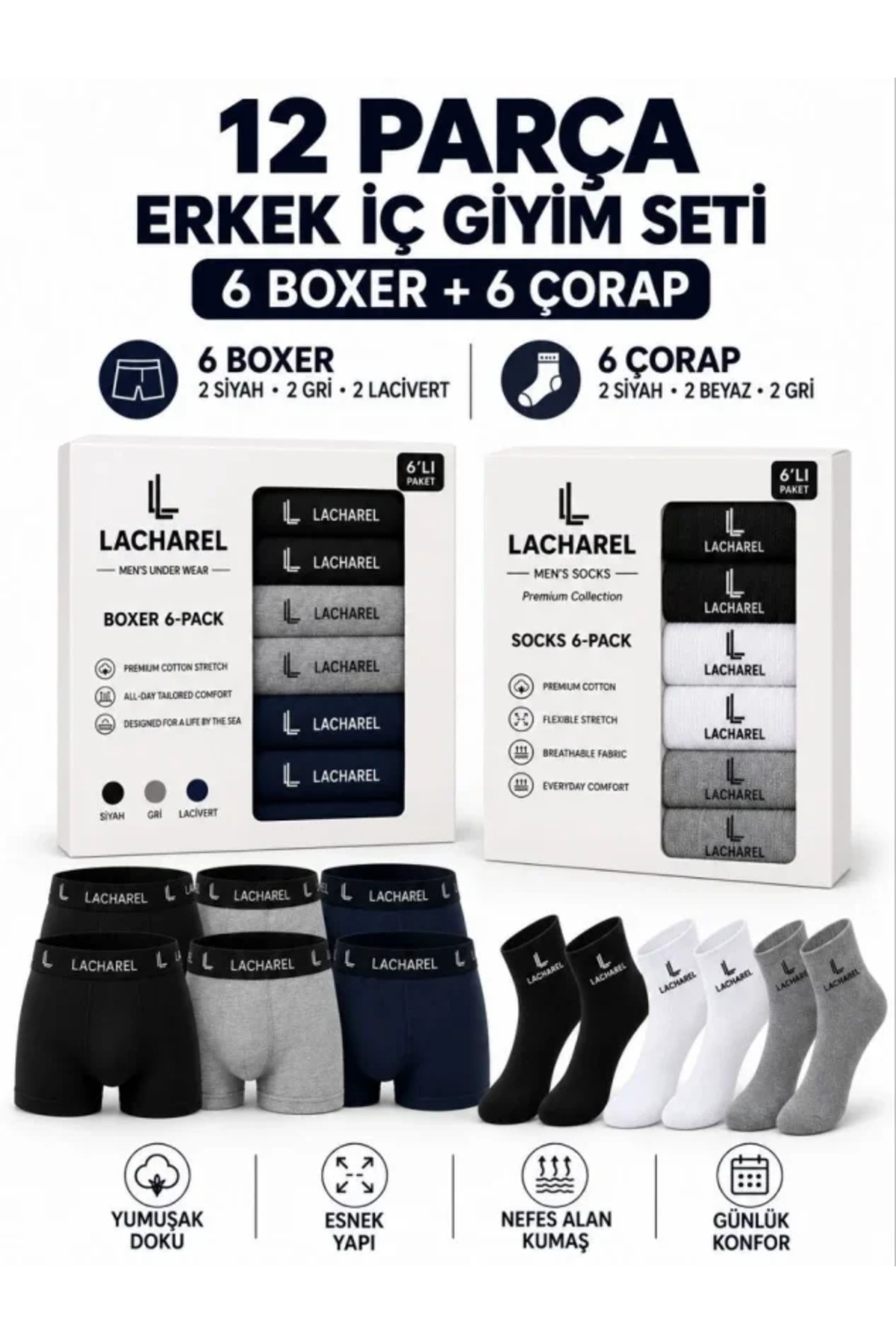 Erkek 12li İç Giyim Seti Pamuklu 6 Boxer 6 Çorap Çoklu Paket - Siyah - Lacivert - Gri - Beyaz