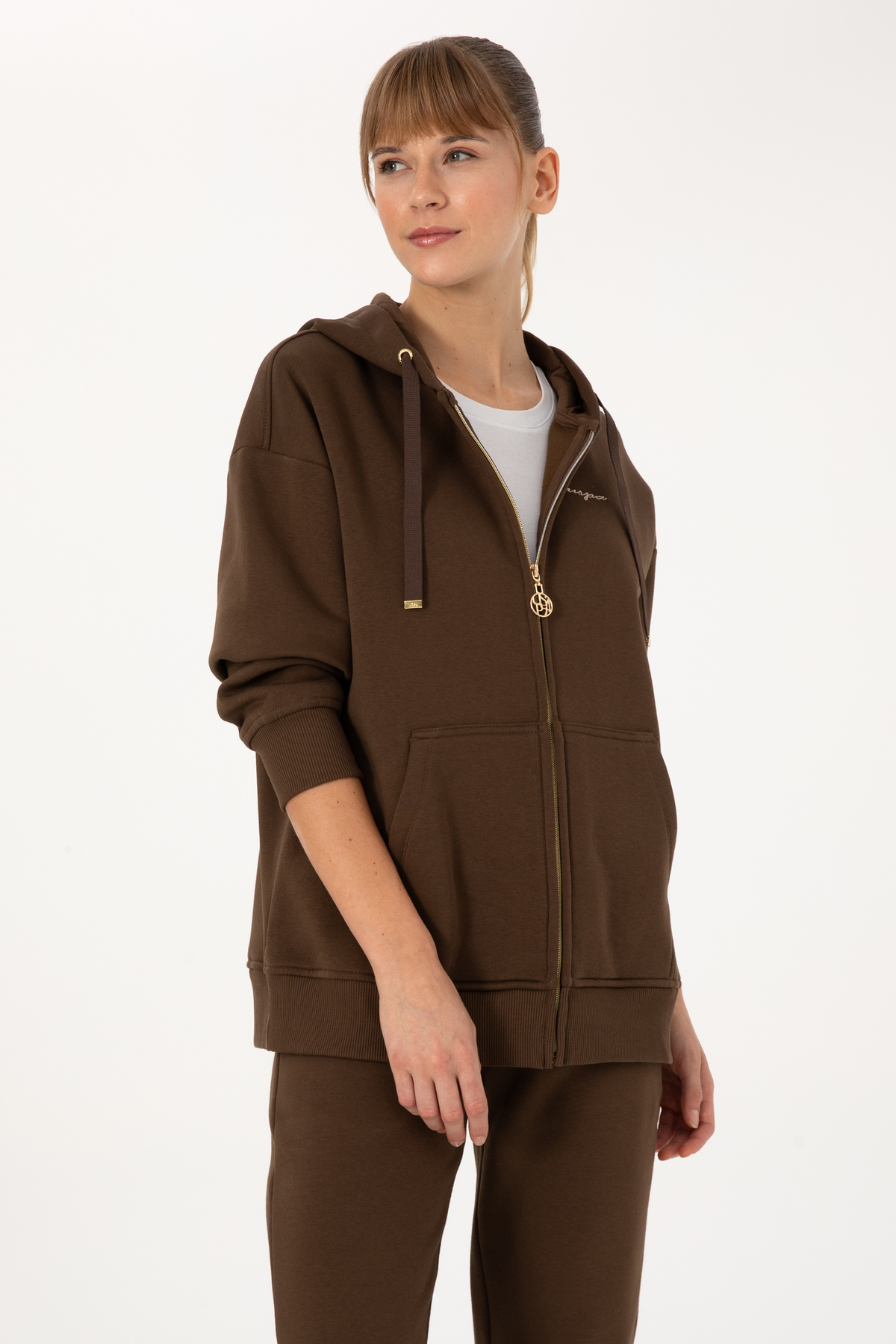 U.S. Polo Assn. Kadın Kahverengi Şardonlu Kapüşonlu Sweatshırt 50314130-VR029 görsel 3