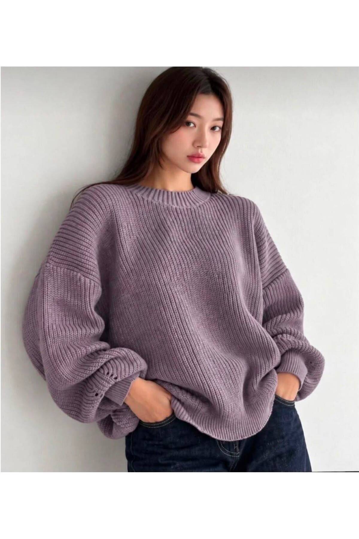 Kırlangıç Moda Lila Oversize Bisiklet Yaka Kadın Triko Kazak görsel 5