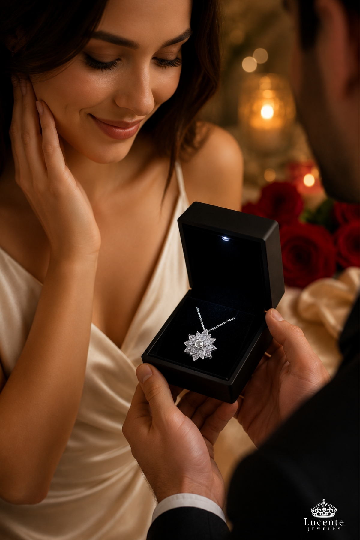 Lucente Jewellery Işıklı Hediye Kutulu 925 Ayar Luxury Serisi 100 Dilde Seni Seviyorum Yazan Gümüş Özel Gün Hediyesi Projeksiyon 45 Cm Zincirli Sonsuz Aşk Simgesi Küpe Hediyeli Beyaz Taşlı Lotus Çiçeği Kadın Kolye görsel 2