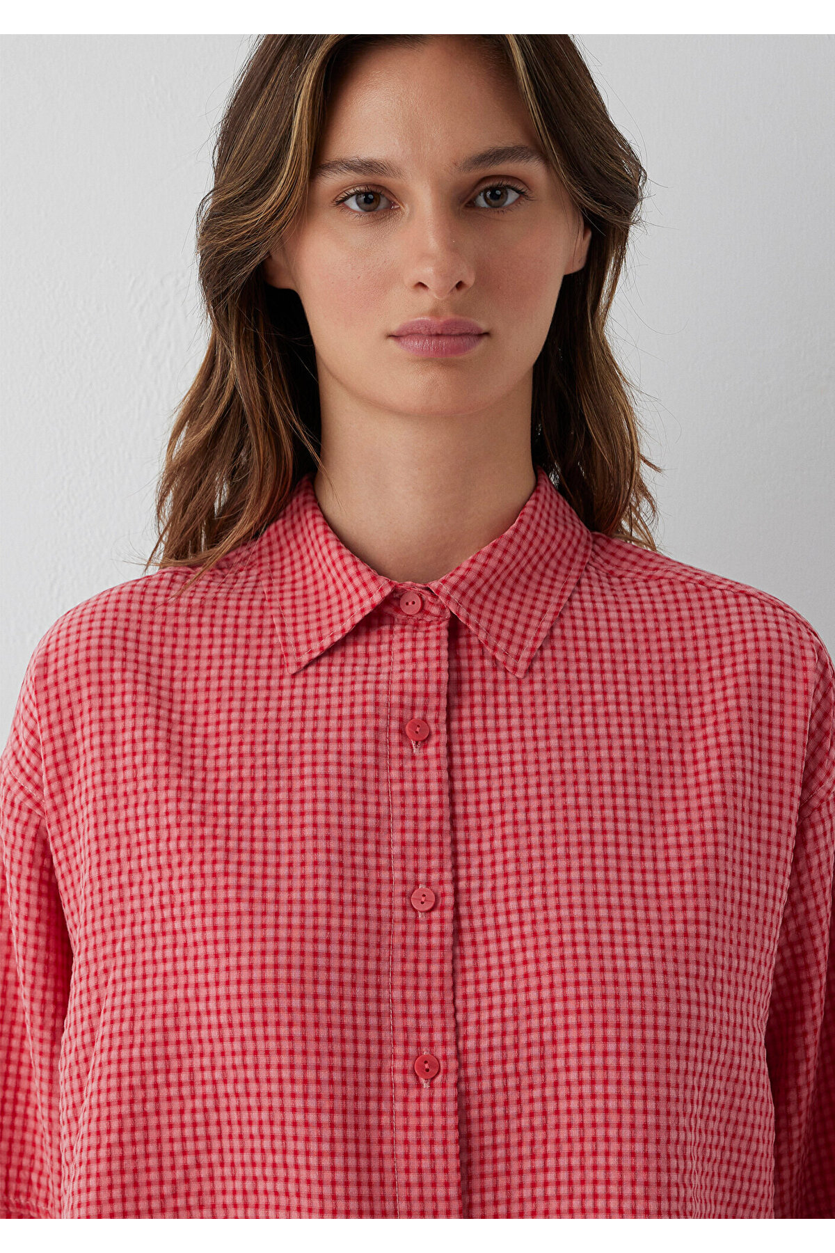(Tencel™) Lyocell Karışımlı Kareli Kırmızı Gömlek Oversize / Geniş Kesim 1220468-83957 — قرمز — تصویر 5 از 6