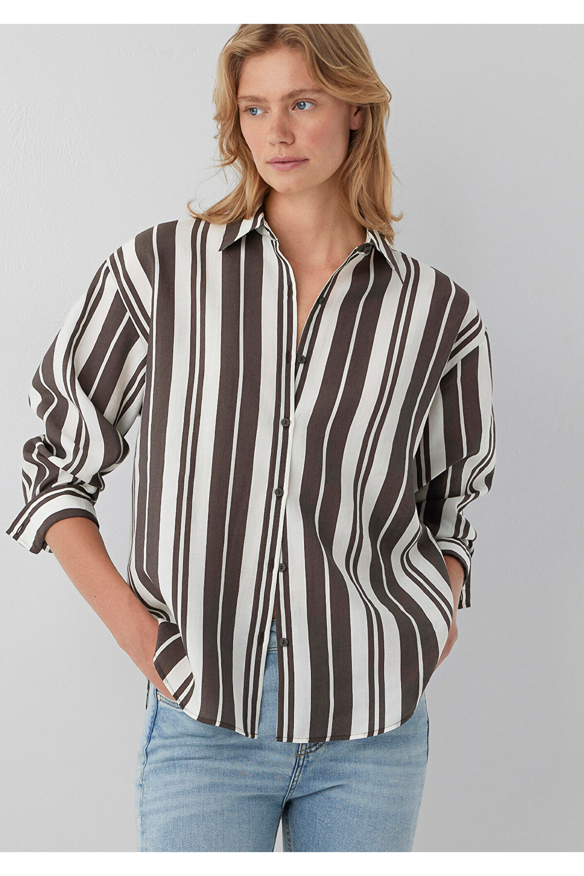 Kahverengi Çizgili Gömlek Loose Fit / Bol Rahat Kesim 1220395-A6726 — قهوه‌ای — تصویر 2 از 8