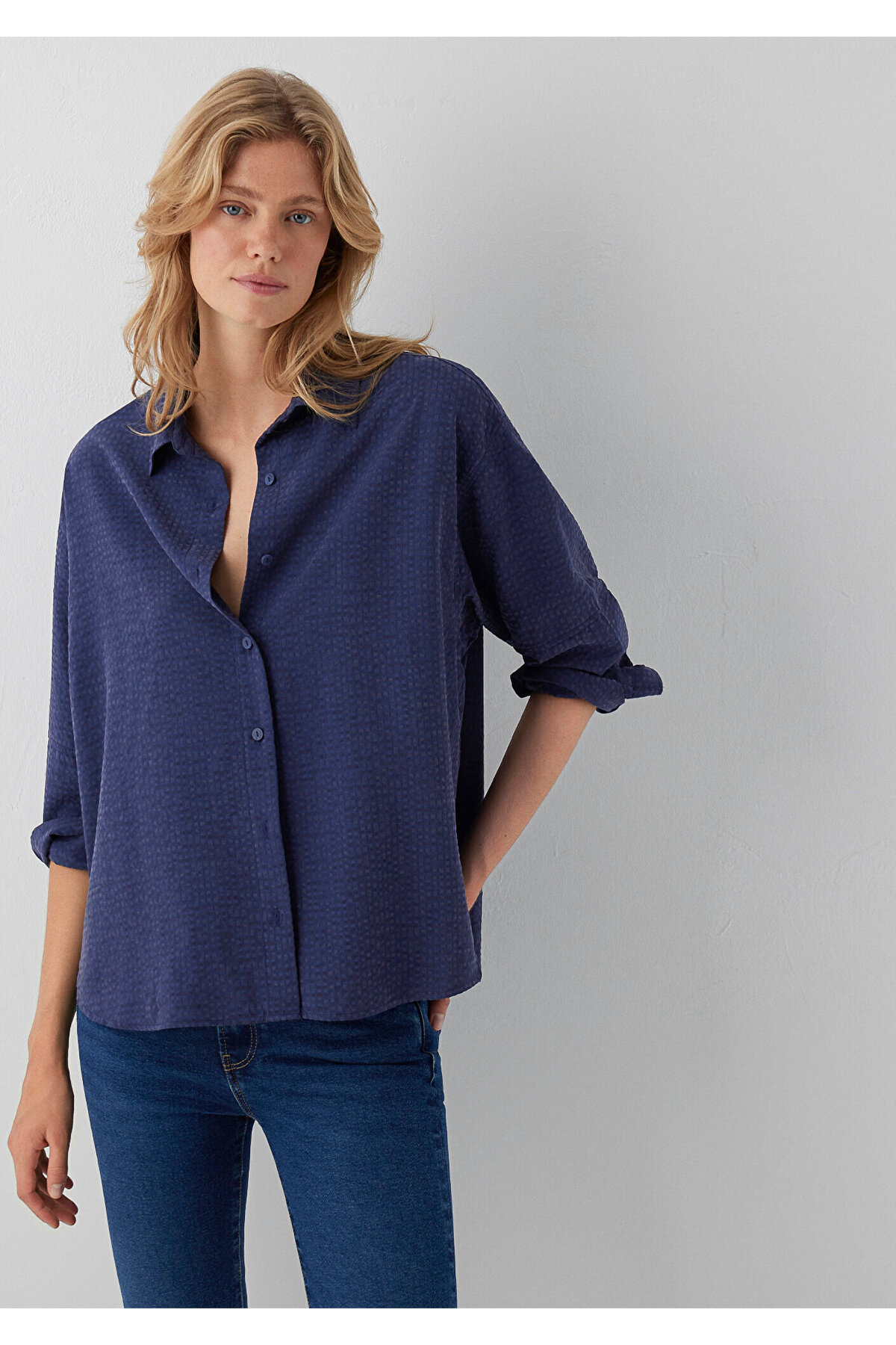 (Tencel™) Lyocell Karışımlı Lacivert Gömlek Oversize / Geniş Kesim 1220468-81617 — سرمه‌ای — تصویر 2 از 7