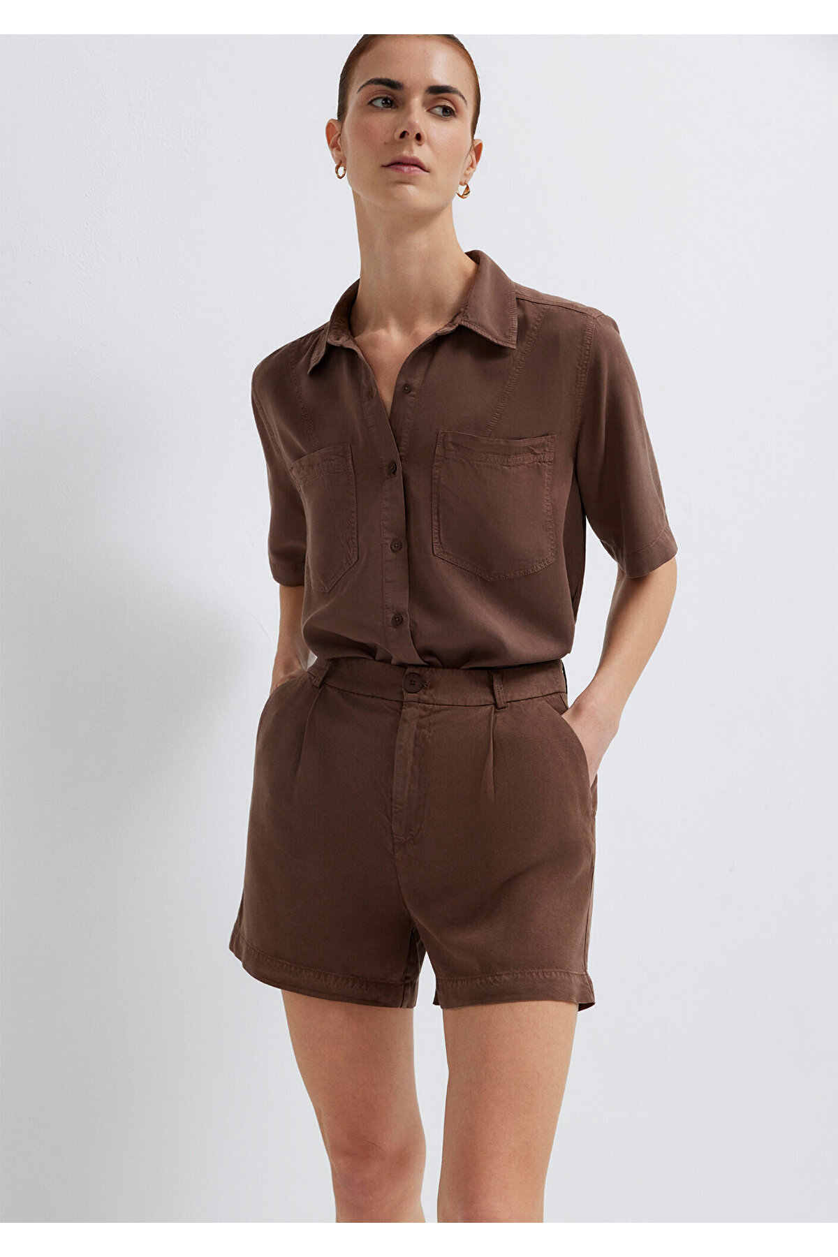 Mavi Kısa Kollu Kahverengi Gömlek Loose Fit / Bol Rahat Kesim 1211458-87537 — قهوه‌ای