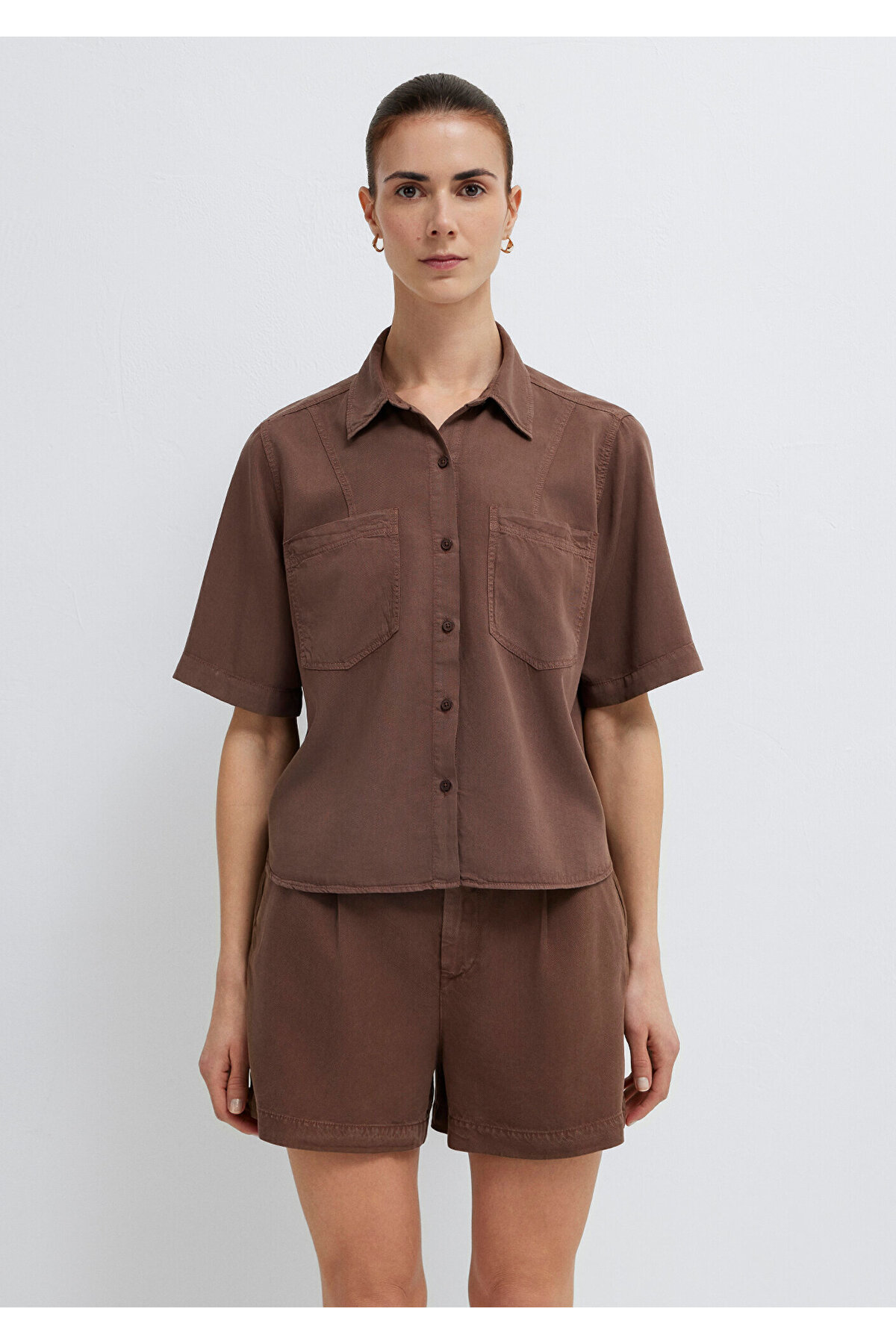 Kısa Kollu Kahverengi Gömlek Loose Fit / Bol Rahat Kesim 1211458-87537 — قهوه‌ای — تصویر 4 از 8