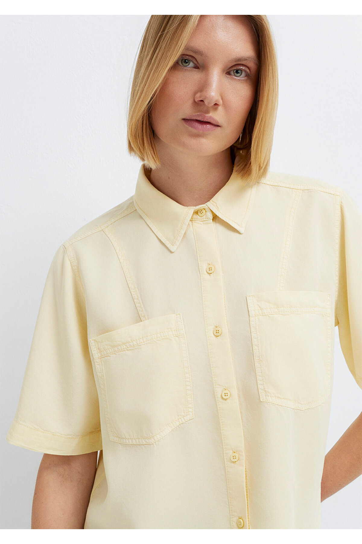 Kısa Kollu Sarı Crop Gömlek Loose Fit / Bol Rahat Kesim 1211458-89145 — زرد — تصویر 3 از 8
