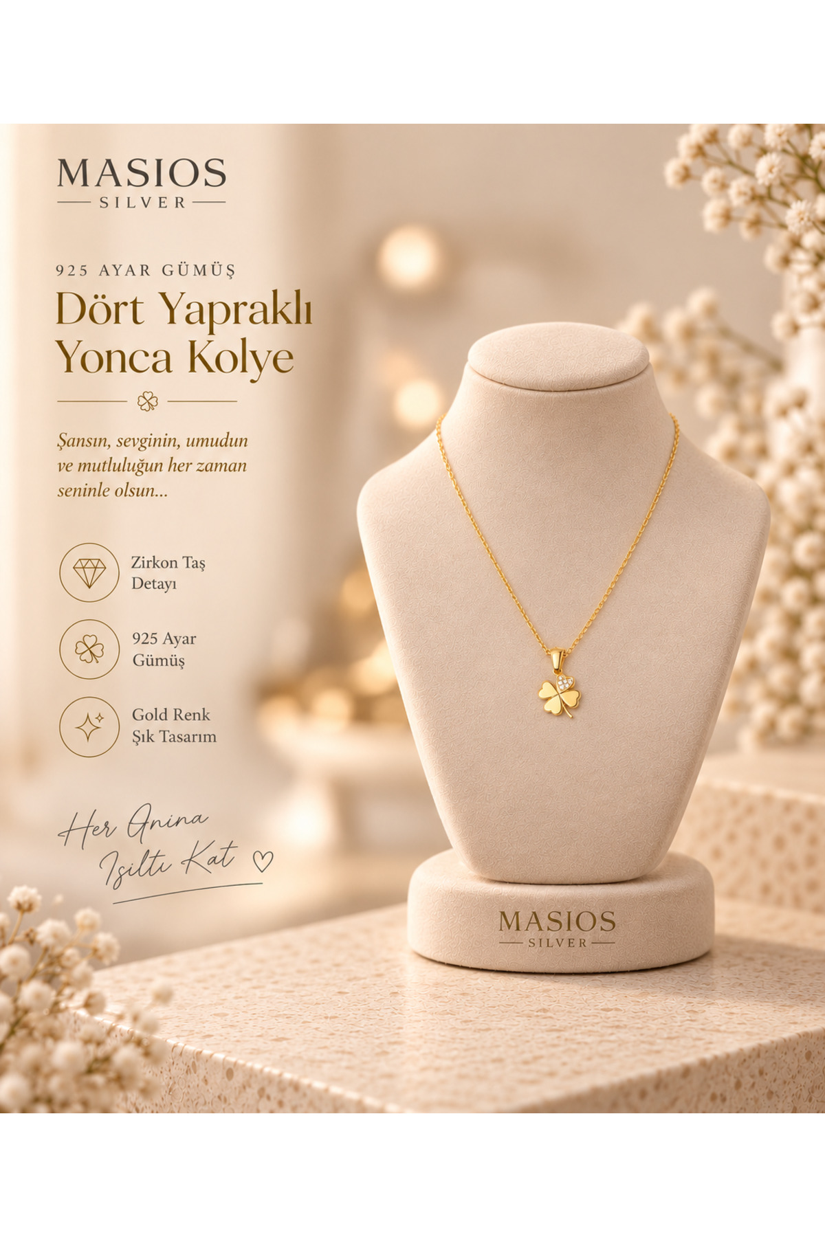 Masios Silver Zirkon Taşlı Gold Renk 4 Yapraklı Yonca Model 925 Ayar Gümüş Kolye görsel 2