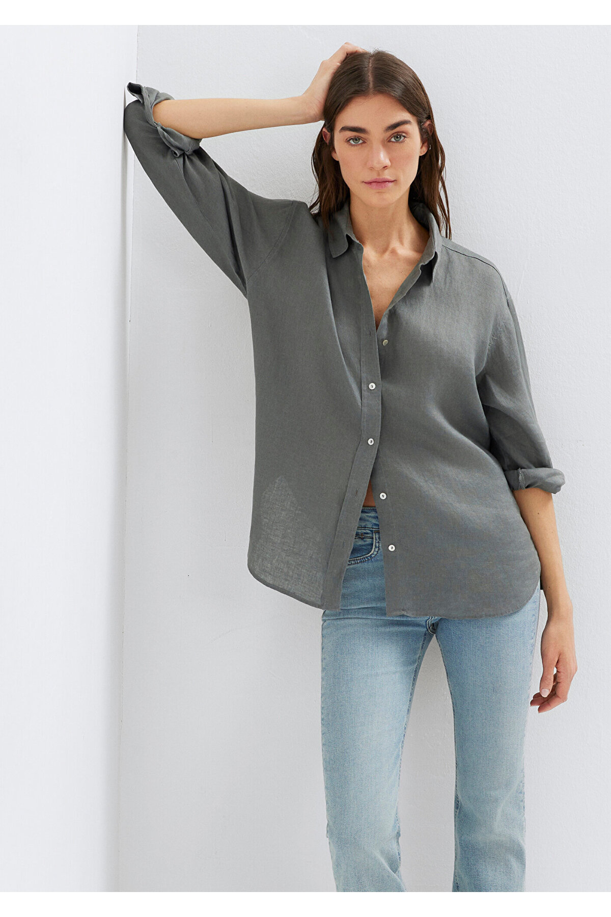 Yeşil Keten Gömlek Loose Fit / Bol Rahat Kesim 1210747-70132 — سبز — تصویر 2 از 8