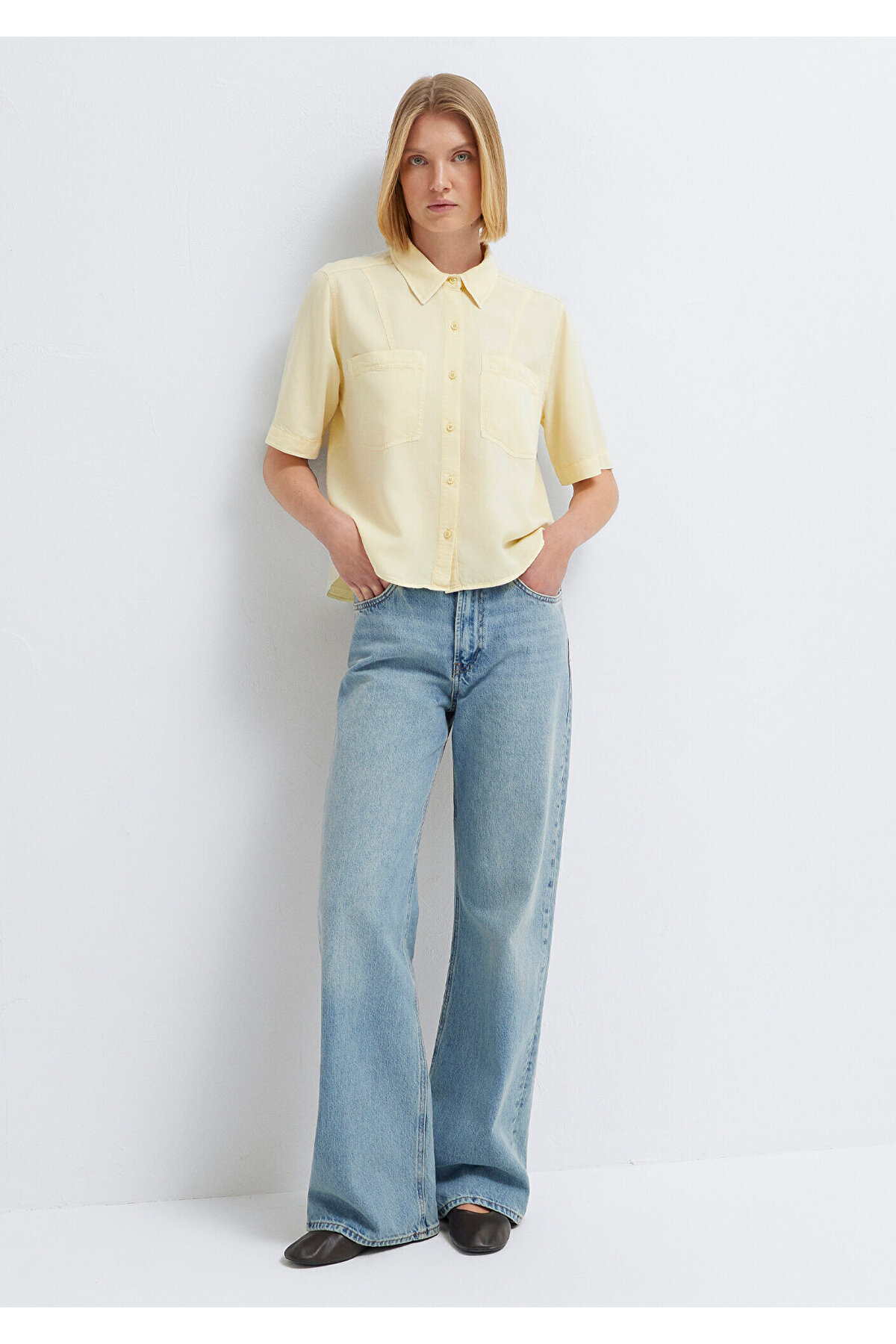 Kısa Kollu Sarı Crop Gömlek Loose Fit / Bol Rahat Kesim 1211458-89145 — زرد — تصویر 2 از 8