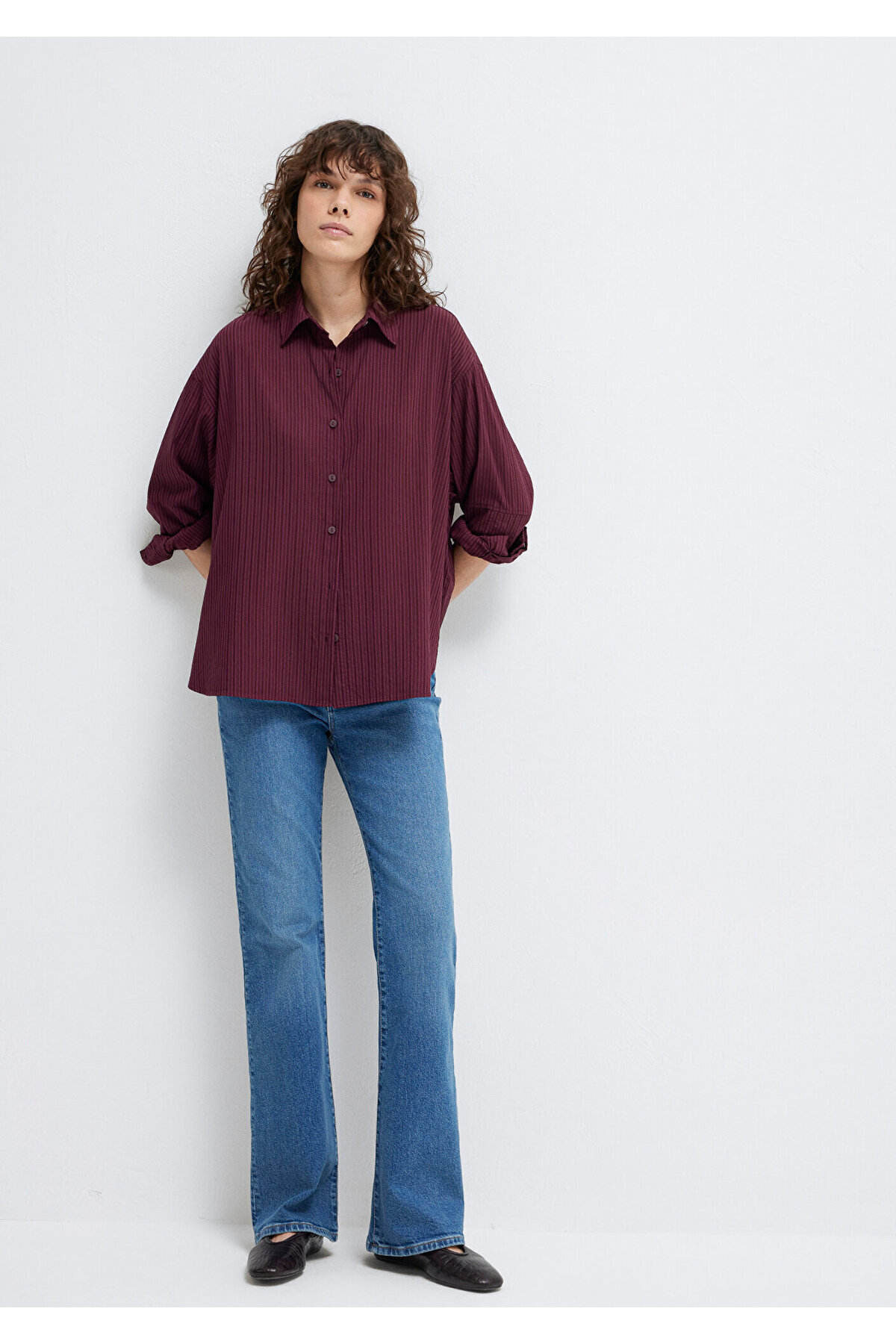 Çizgili Bordo Gömlek Oversize / Geniş Kesim 1210878-70434 — قرمز — تصویر 2 از 7