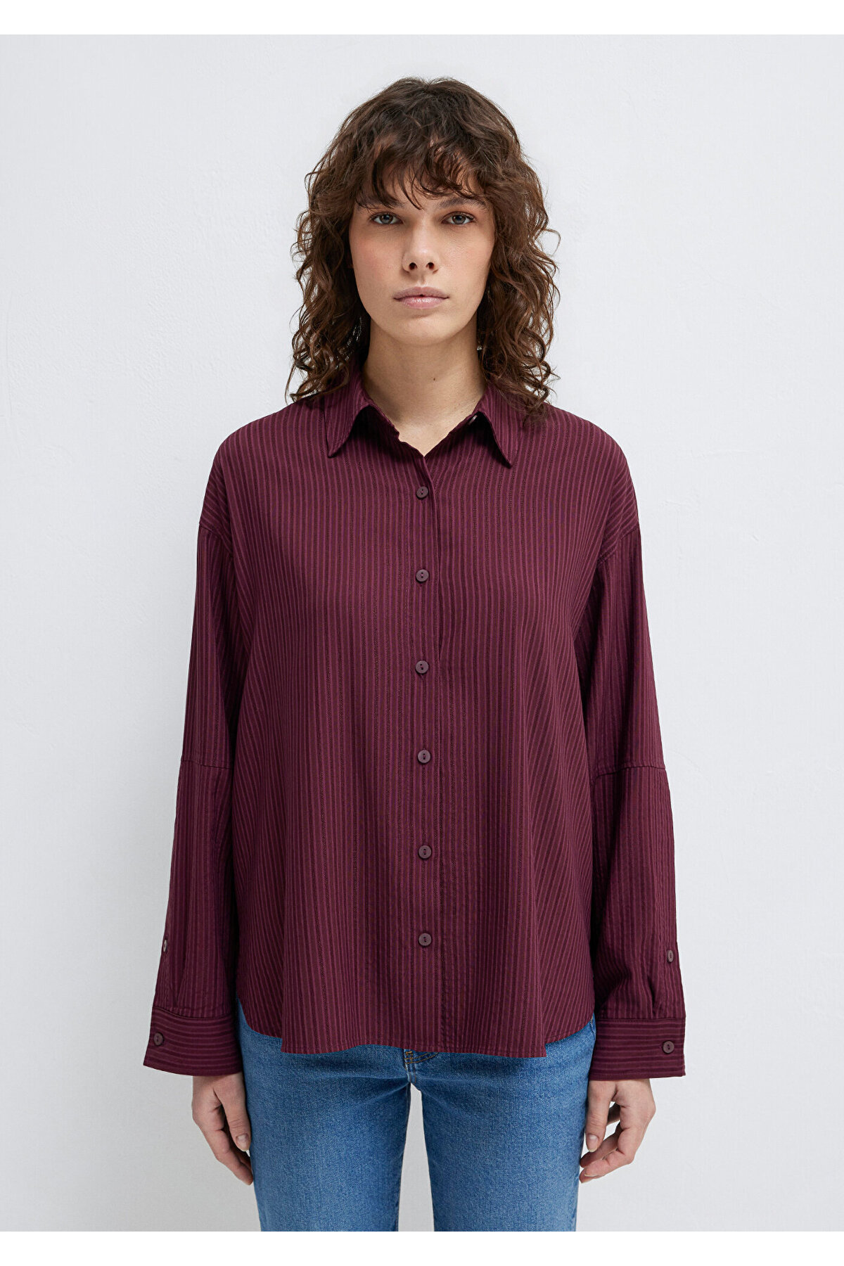 Çizgili Bordo Gömlek Oversize / Geniş Kesim 1210878-70434 — قرمز — تصویر 3 از 7