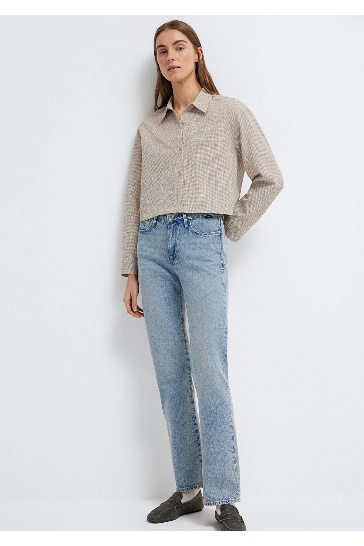 Kahverengi Ekose Crop Gömlek Loose Fit / Bol Rahat Kesim 1211388-83169 — قهوه‌ای — تصویر 2 از 8