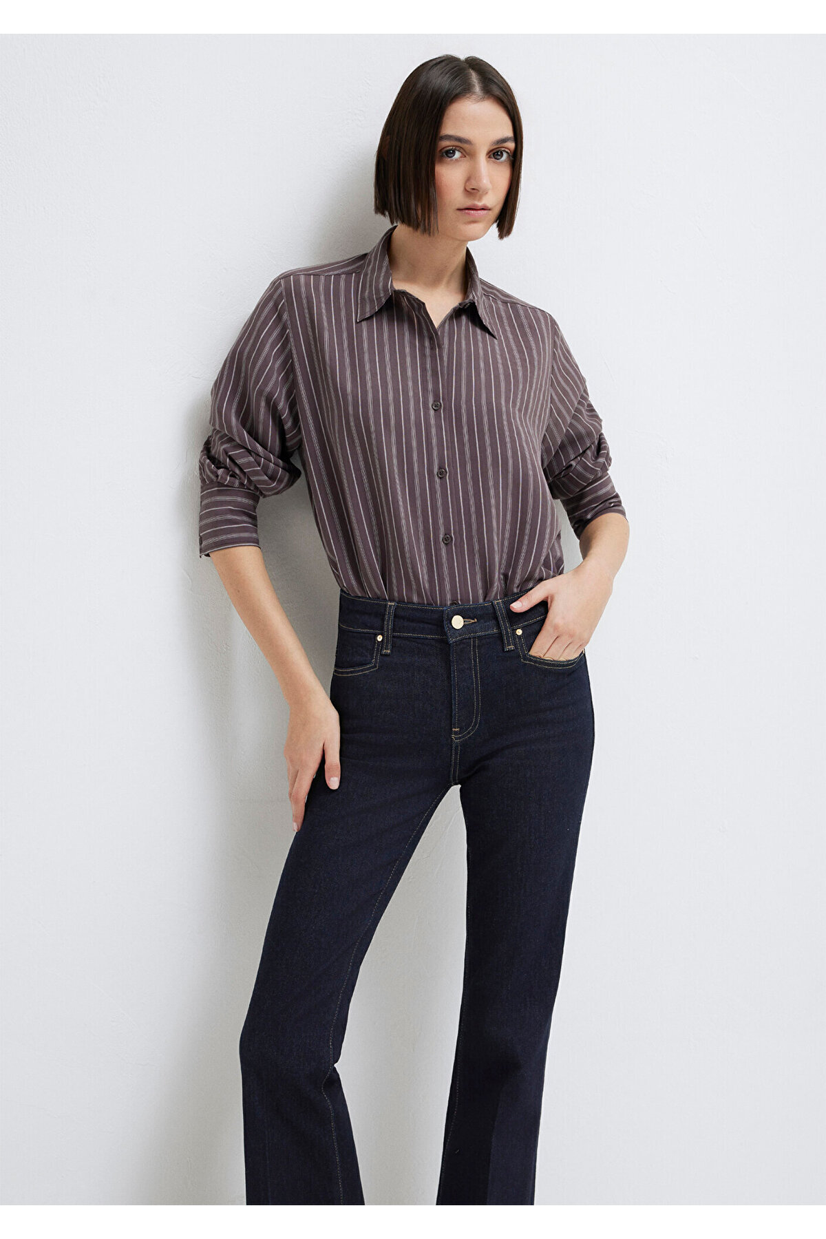 Mor (TENCEL™) Liyosel Karışımlı Gömlek Loose Fit / Bol Rahat Kesim 1211373-91534 — قهوه‌ای — تصویر 2 از 7