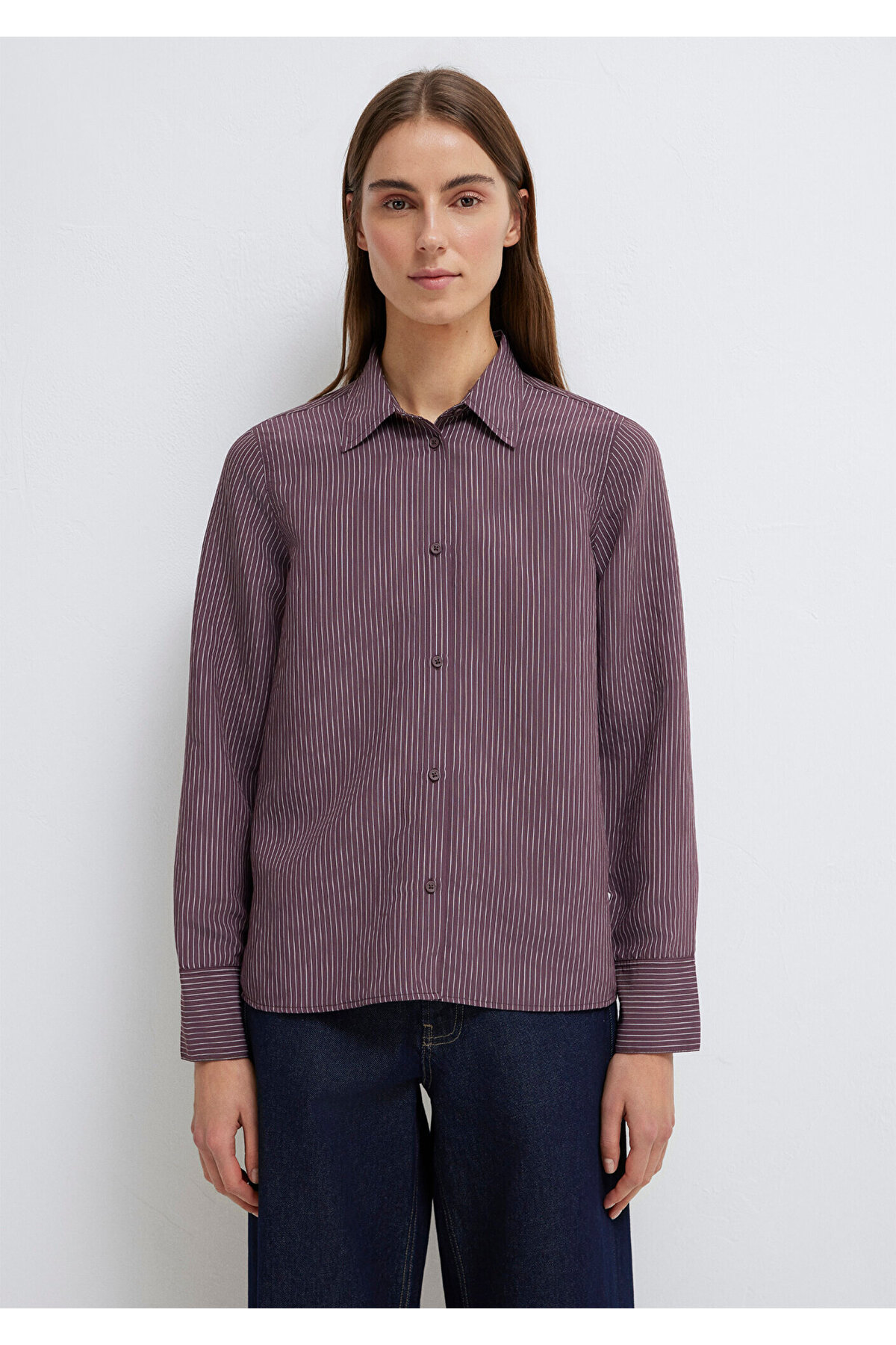 Çizgili (TENCEL™) Liyosel Karışımlı Gömlek Regular Fit / Normal Kesim 1211374-91569 — بنفش — تصویر 4 از 8
