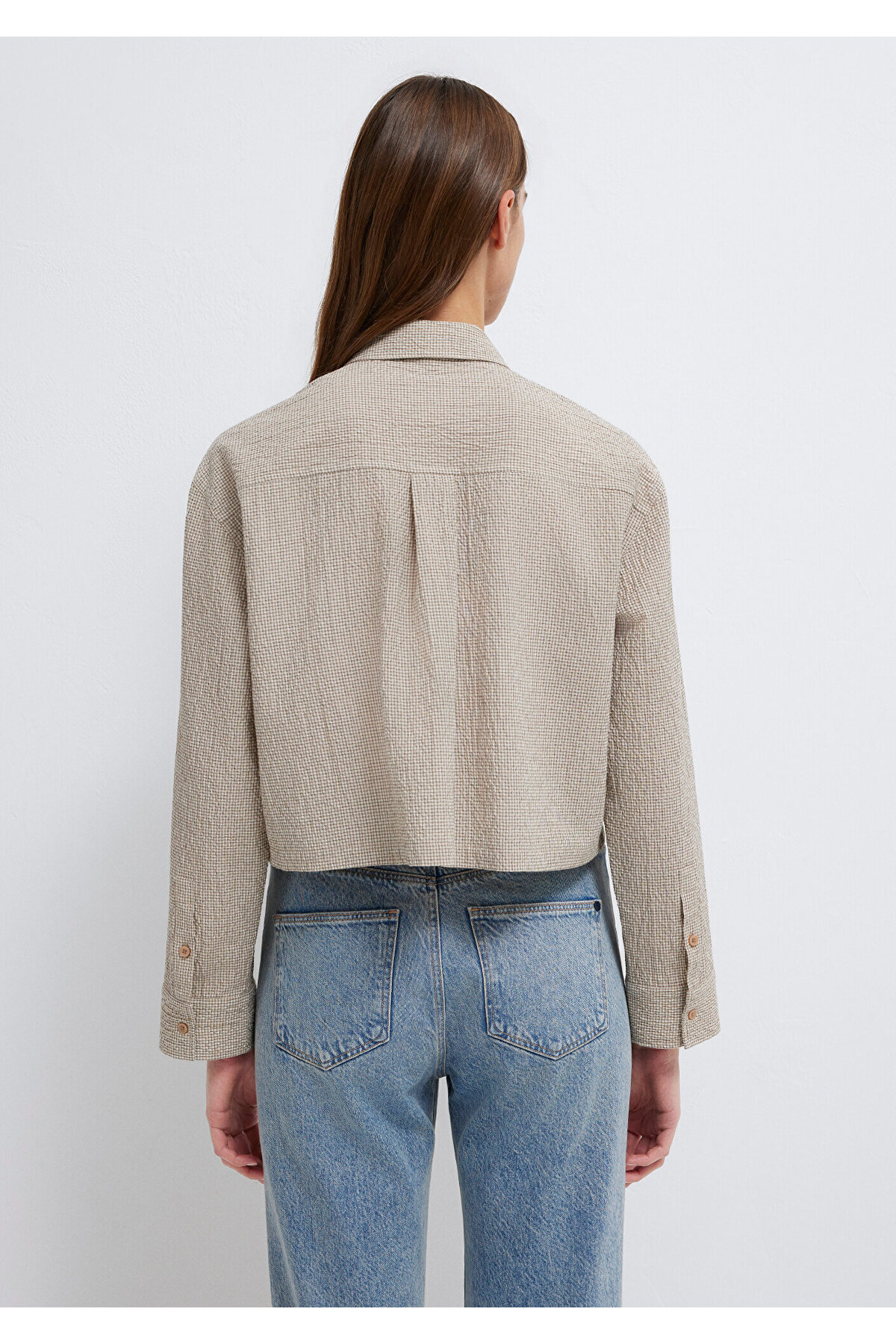 Kahverengi Ekose Crop Gömlek Loose Fit / Bol Rahat Kesim 1211388-83169 — قهوه‌ای — تصویر 6 از 8