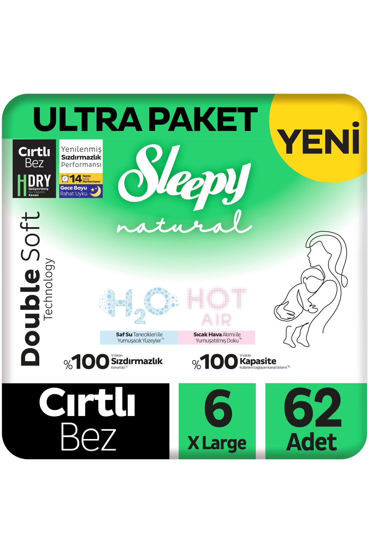 Sleepy Natural Double Soft Ultra Paket Bebek Bezi 6 Numara Xlarge 62 Adet