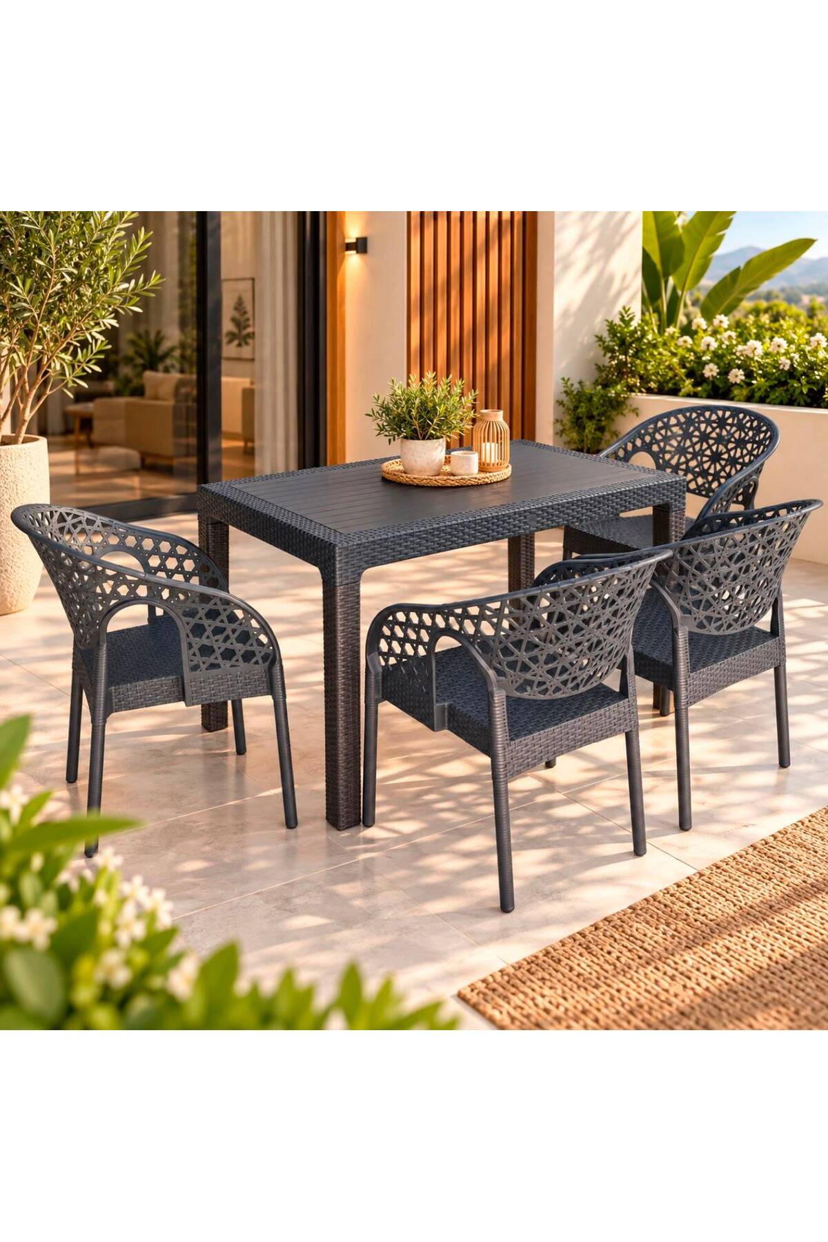 ZİYNET HOME 4 Kişilik Antrasit Bahçe Masa Takımı 70x120 cm Rattan