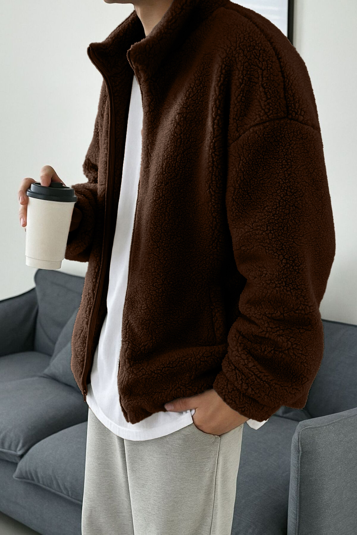 Erkek Pro Termal İç Dış Sherpa Sonbahar Kış Tam Fermuarlı Peluş Sweatshirt — رنگارنگ 869866293 — تصویر 3 از 4