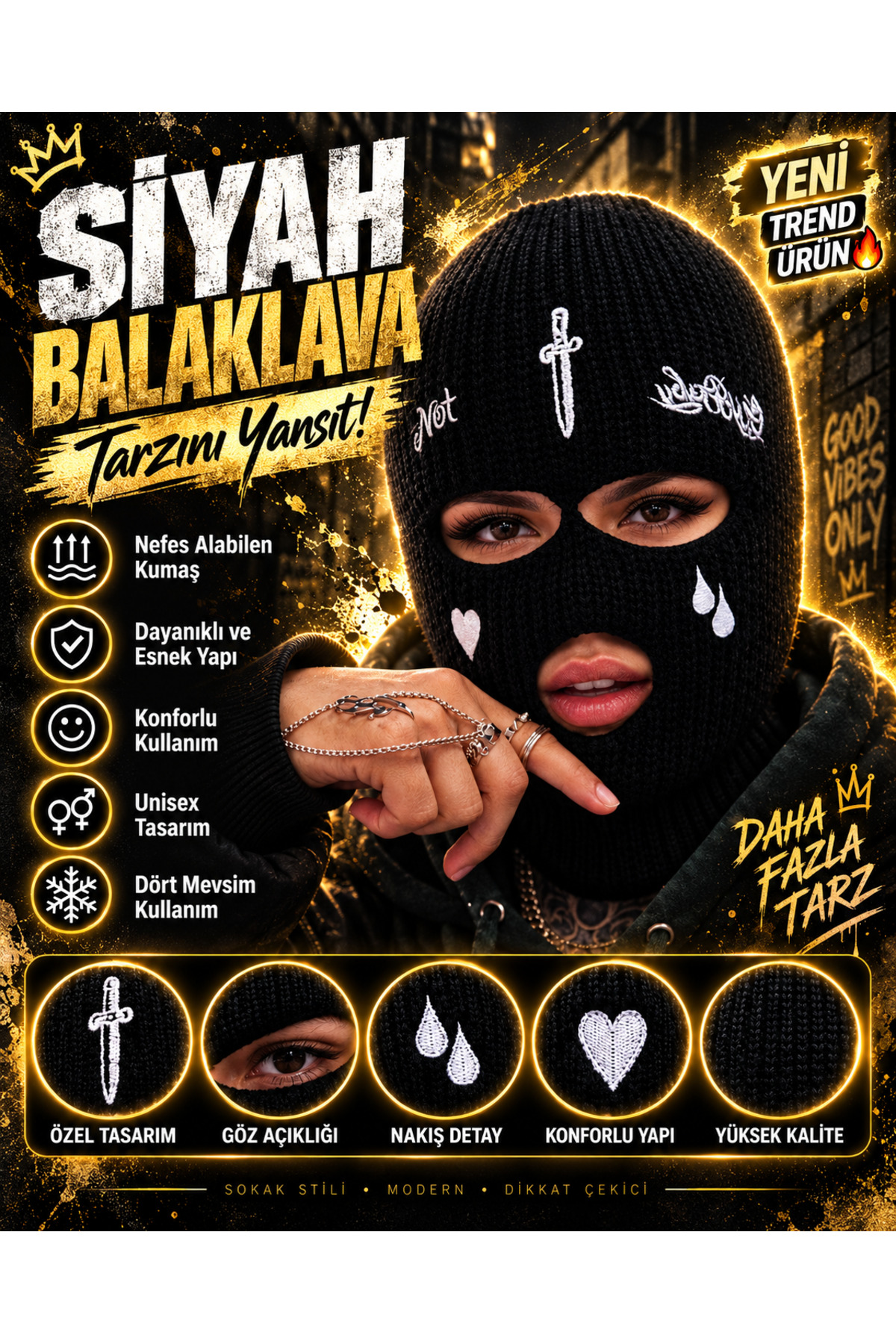 FG KONNİCHİWA Siyah Kılıç Nakışlı 3 Gözlü Kar Maskesi 2026 sezon Gotik Siyah Kar Maskesi (Balaclava), Unisex görsel 2