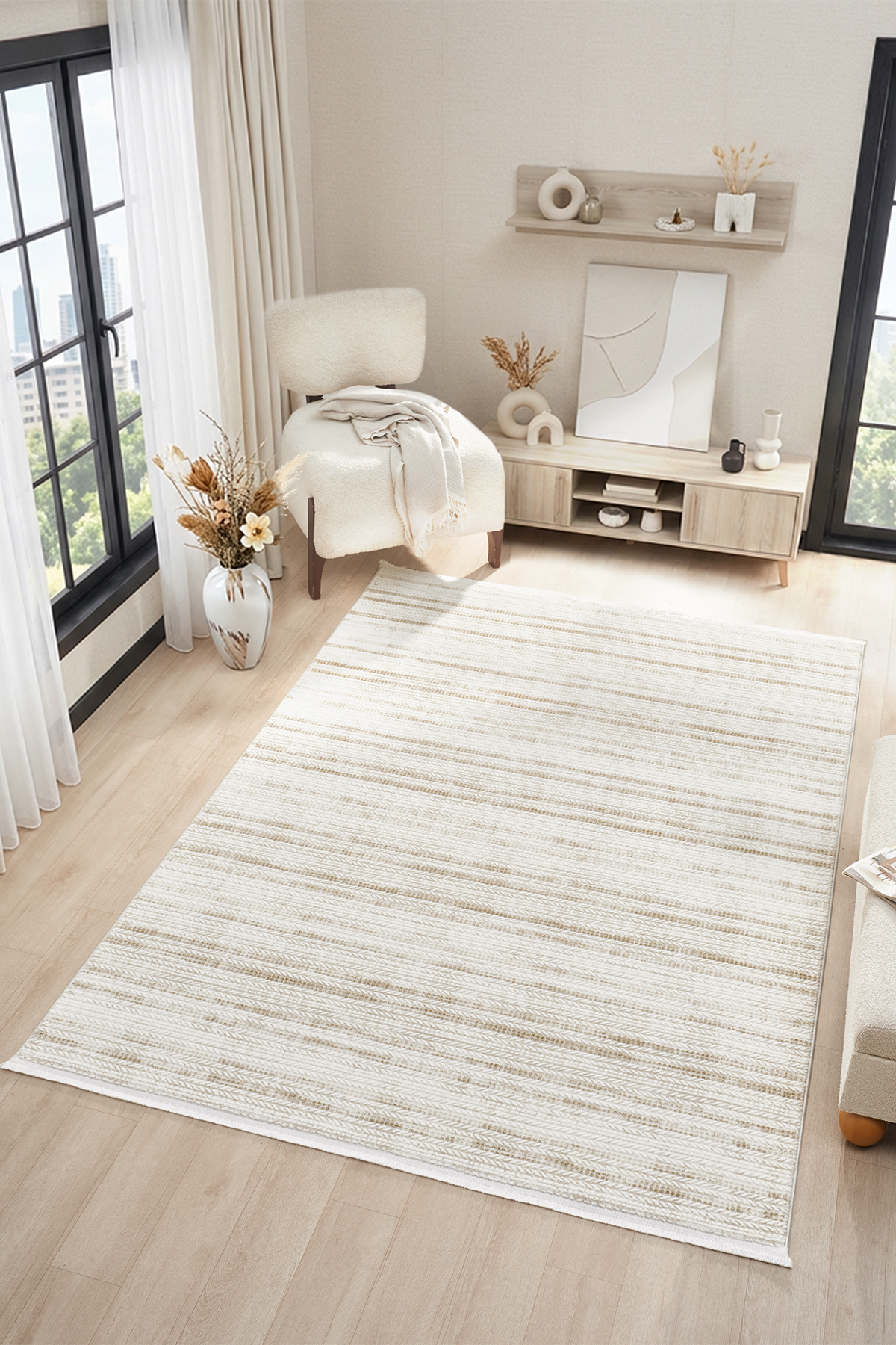 فرش مدرن ATLAS، فرش یکنواخت قابل شستشو با زیره ضد آلرژی، مناسب برای سالن، اتاق نشیمن، آشپزخانه و راهرو، رنگ خاکستری و کرم