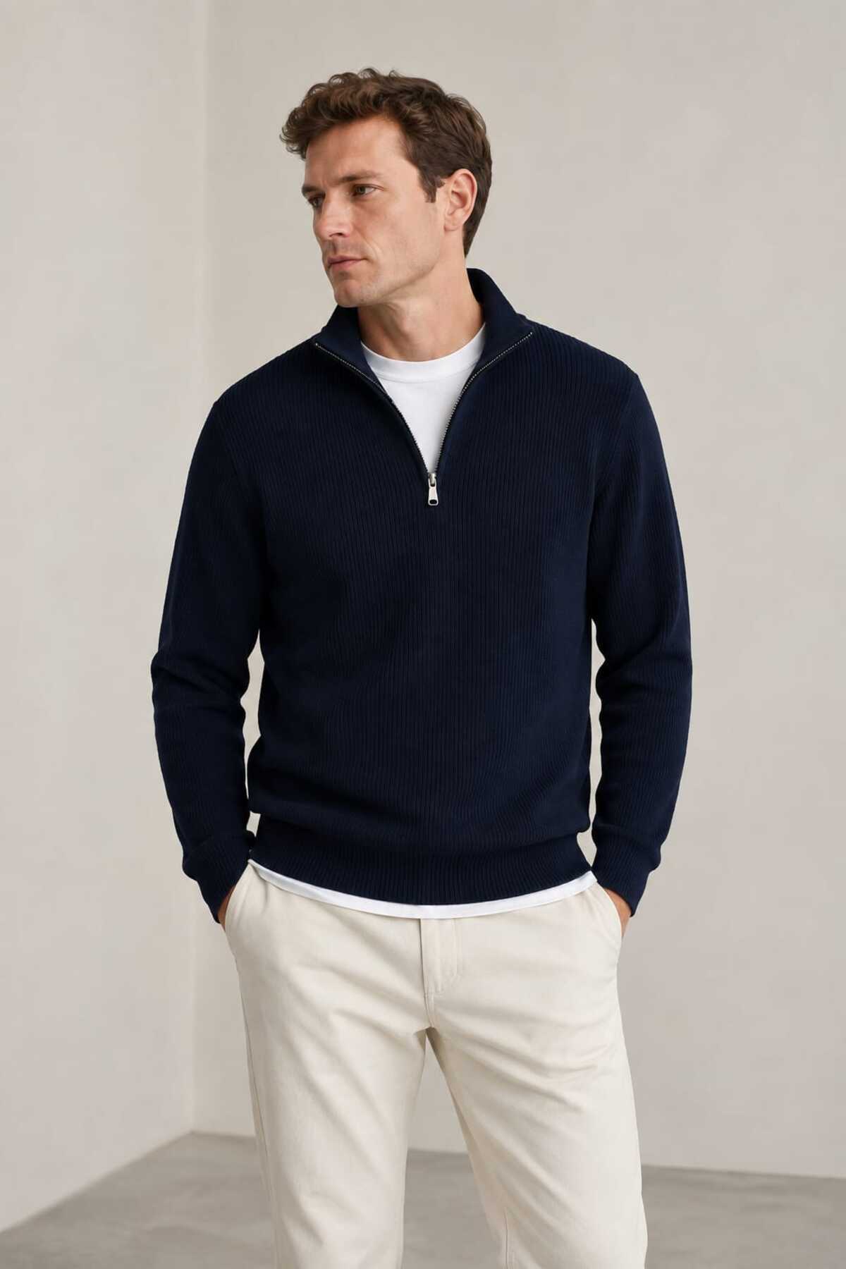 ZMODA SOFT Polo Yaka Fermuarlı Çizgili Old Money Örme Birinci Kalite Yumuşak Uzun Kollu Erkek Kazak görsel 2