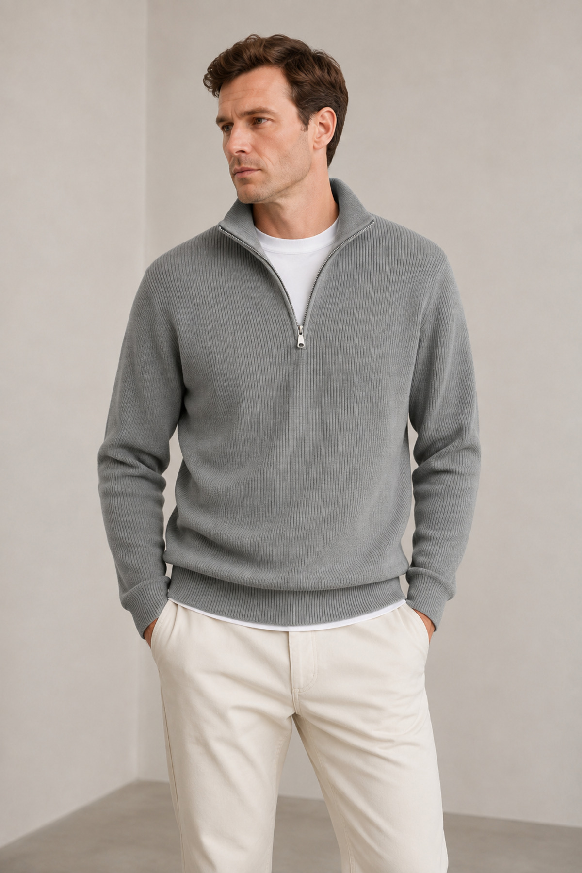 ZMODA SOFT Polo Yaka Fermuarlı Çizgili Old Money Örme Birinci Kalite Yumuşak Uzun Kollu Erkek Kazak görsel 2