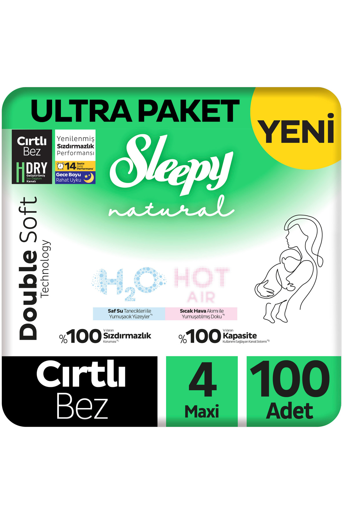 Sleepy Natural Double Soft Ultra Paket Bebek Bezi 4 Numara Maxi 100 Adet