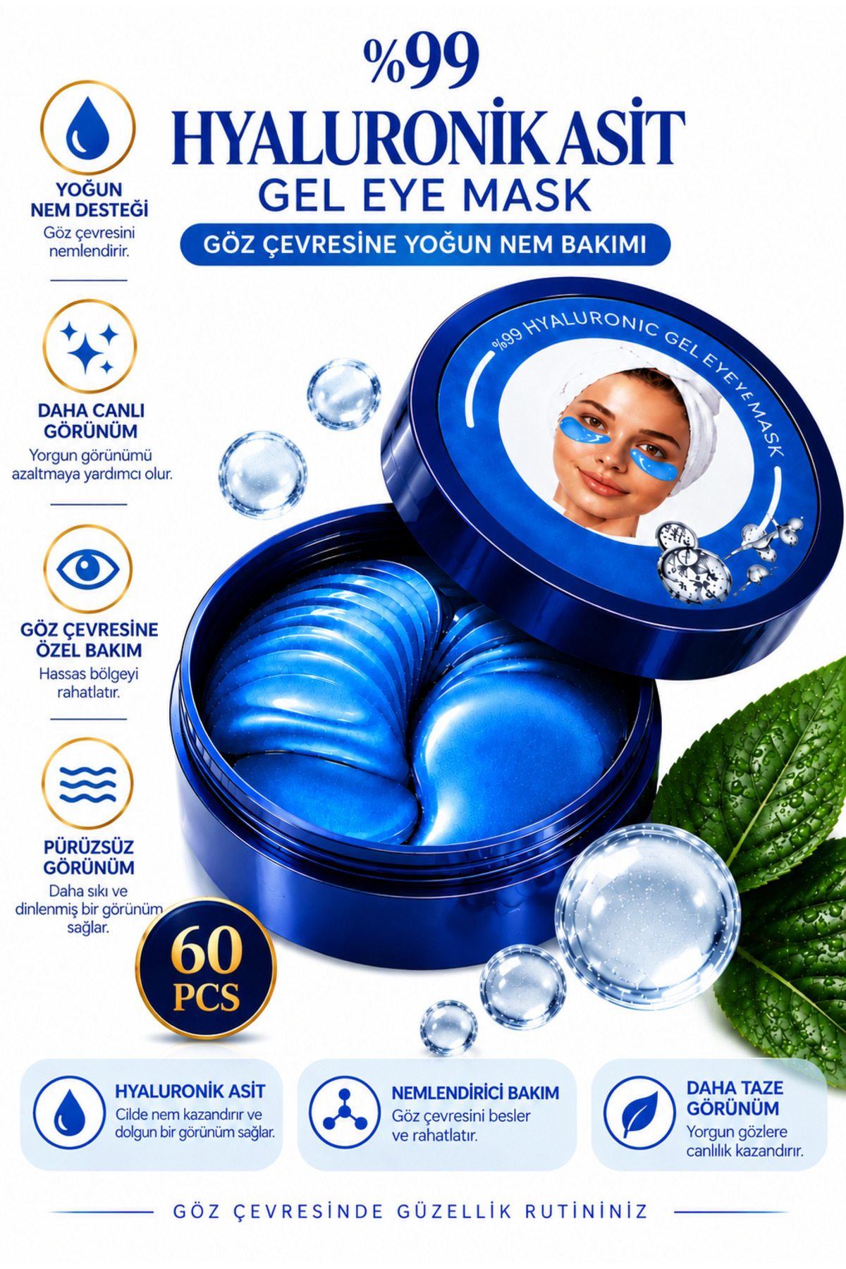 Göz AltıAydınlatıcı,Sıkılaştırıcı Ve Onarıcı Hyaluronik Özlü Maskesi Mavi 1.4gr*60 Adet — Göz Maskesi