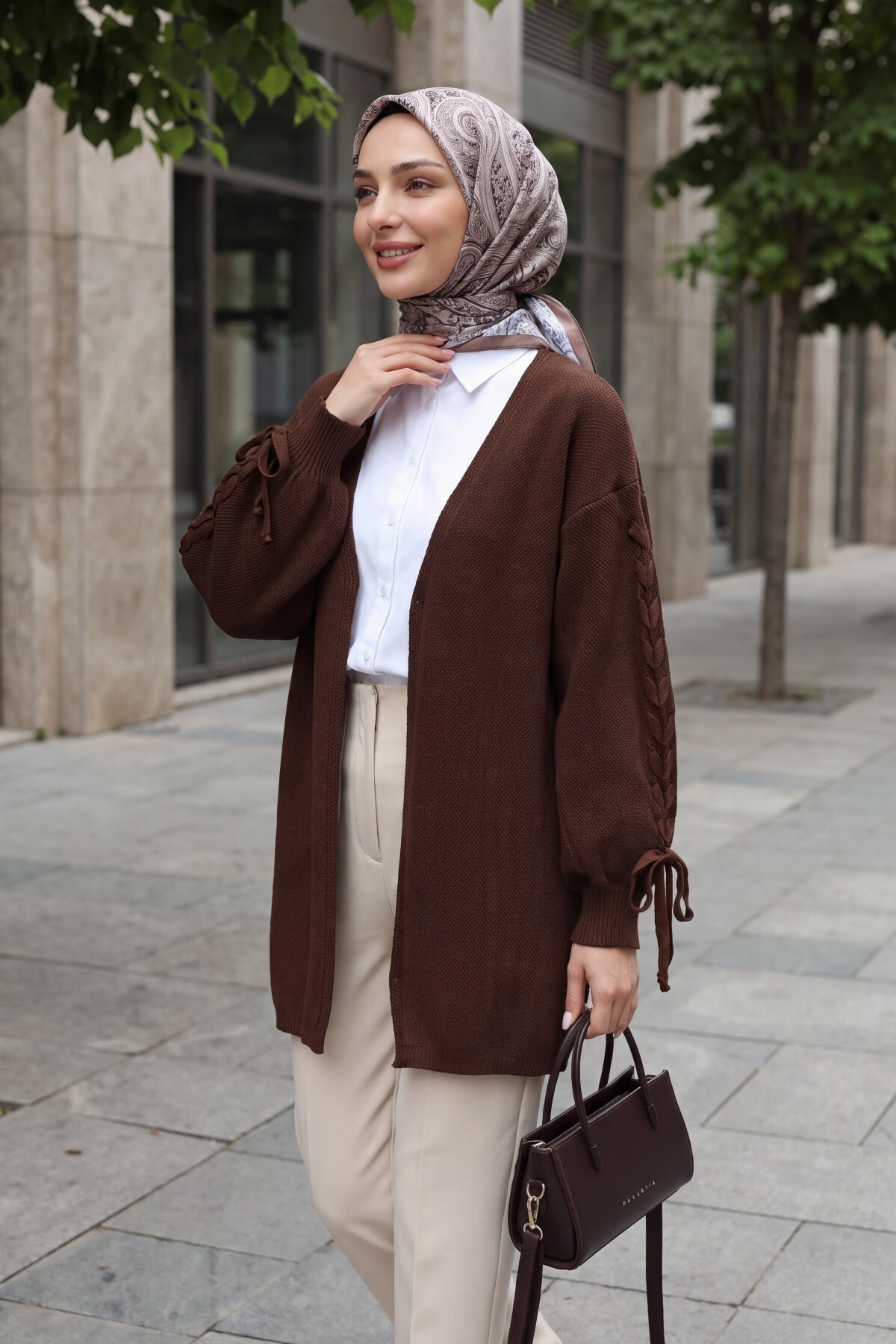 Modamorfo Kolu Saç örgülü Salaş Triko Hırka -kahve