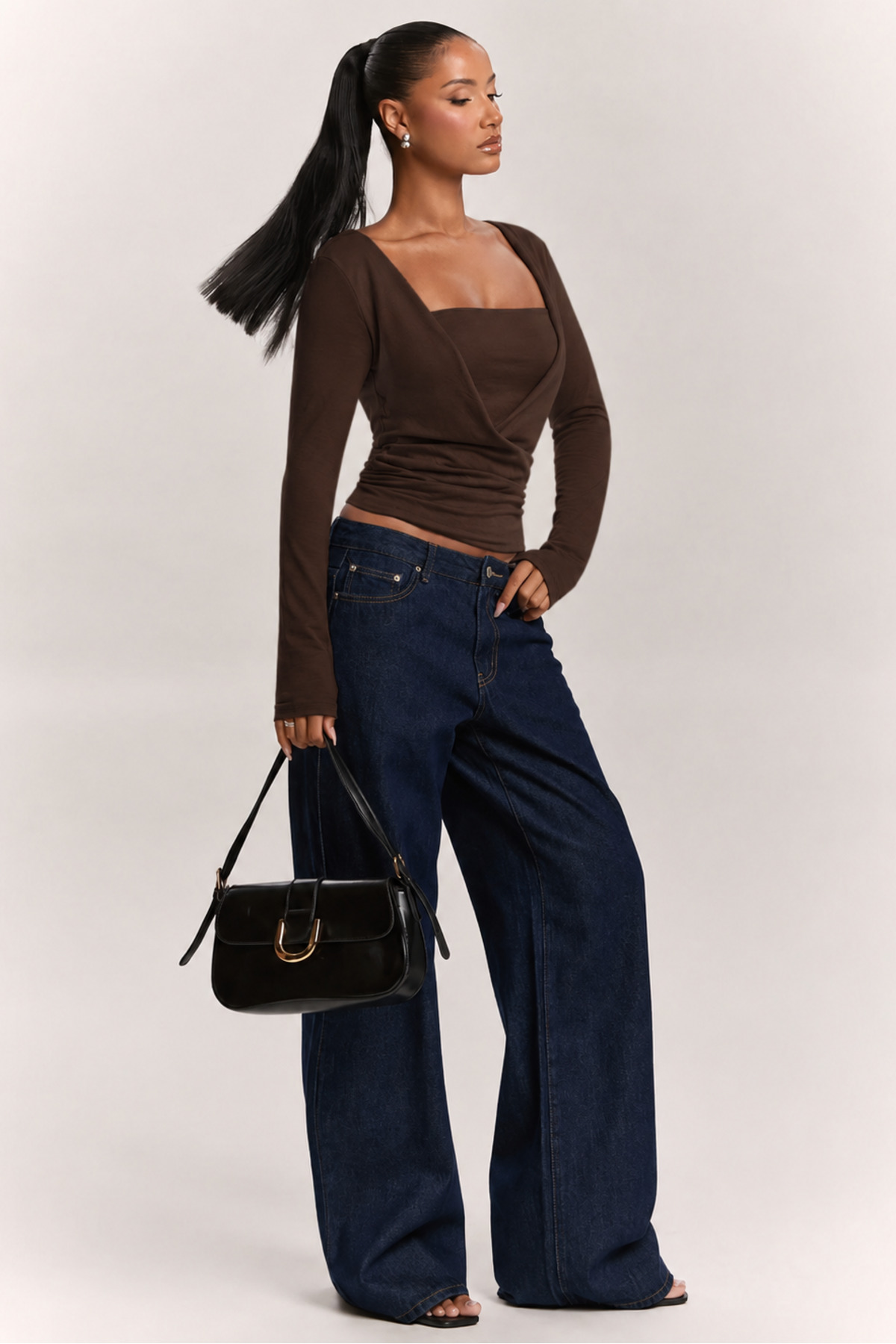 World Fashion Trends Kare Yaka Büzgülü Kahverengi Uzun Kollu Bluz görsel 5