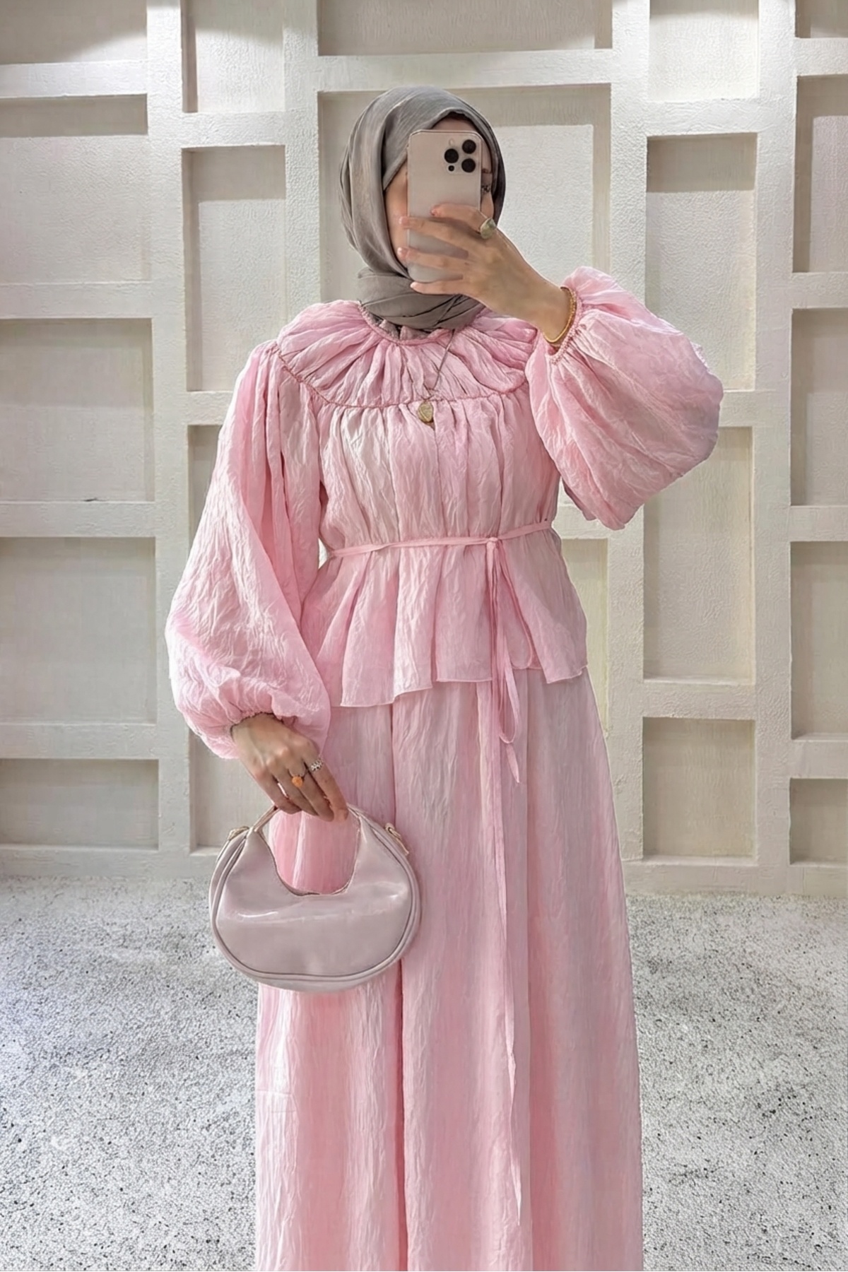 Moda Aydın Butik Kadın Büzgülü Kraşlı Etekli Takım - Pembe görsel 3