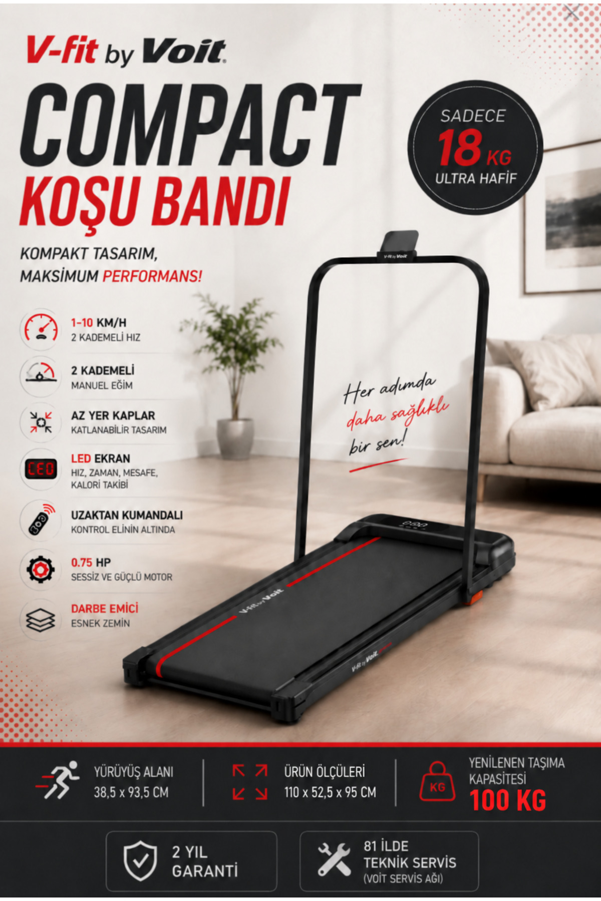 Voit Compact Katlanabilir Koşu ve Yürüyüş Bandı – Manuel Eğimli, Uzaktan Kuma...