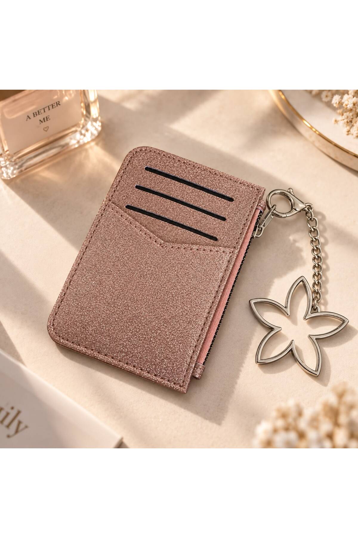 BAGS PUDRA PEMBE SİMLİ ÇİÇEK CHARM’LI FERMUARLI KARTLIK ŞIK ZARİF GÜNLÜK KULLANIM KADIN AKSESUAR