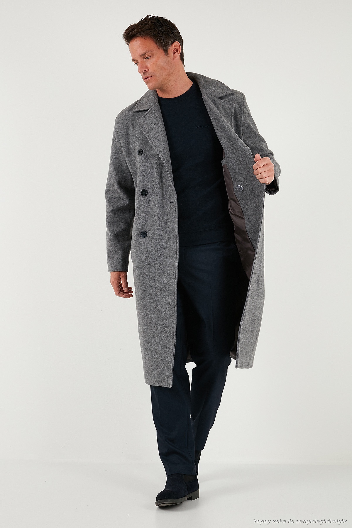 Buratti Loose Fit Kruvaze Yaka Uzun Astarlı Kaşe Kaban Erkek KABAN 681003 görsel 3