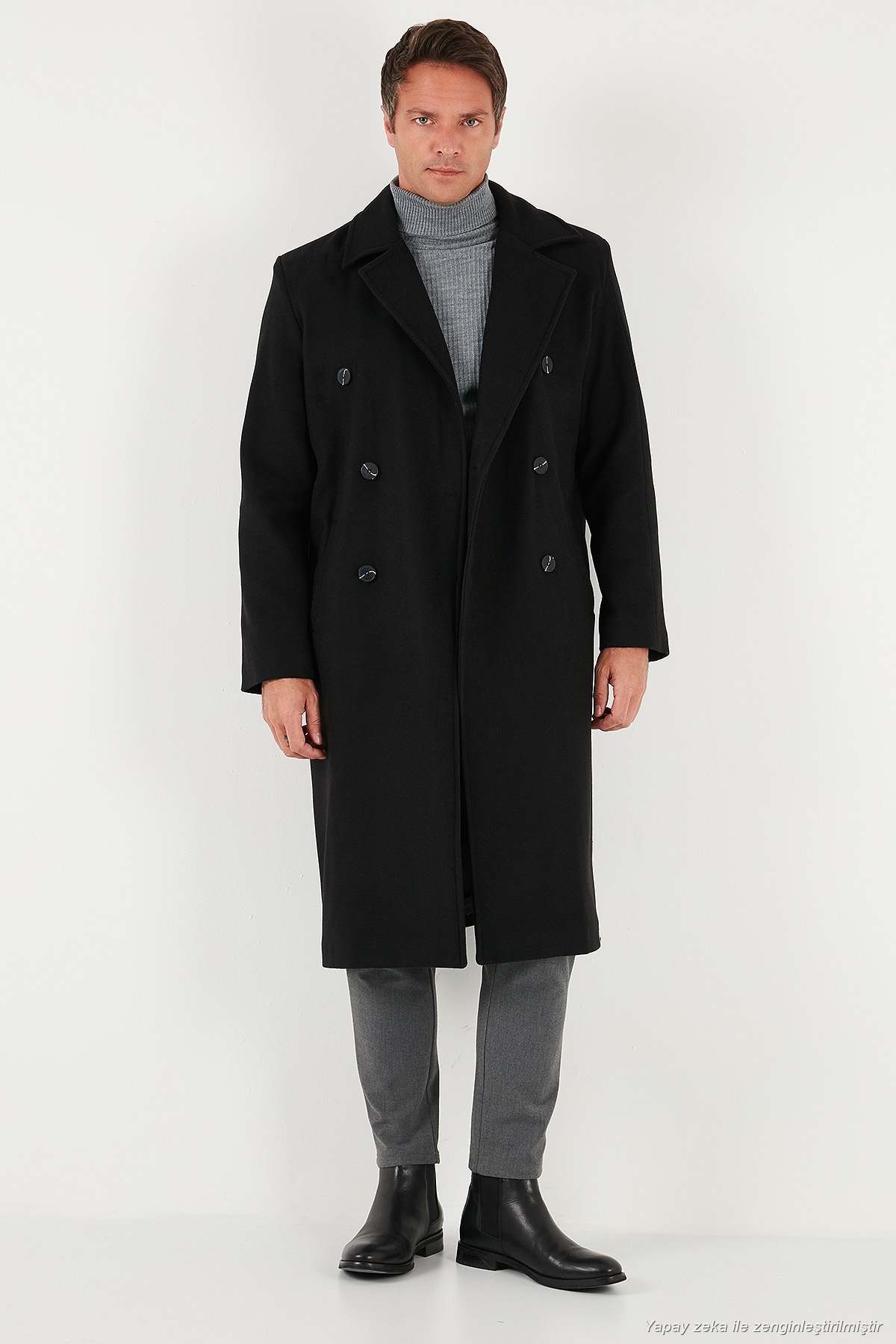 Buratti Loose Fit Kruvaze Yaka Uzun Astarlı Kaşe Kaban Erkek KABAN 681003 görsel 2