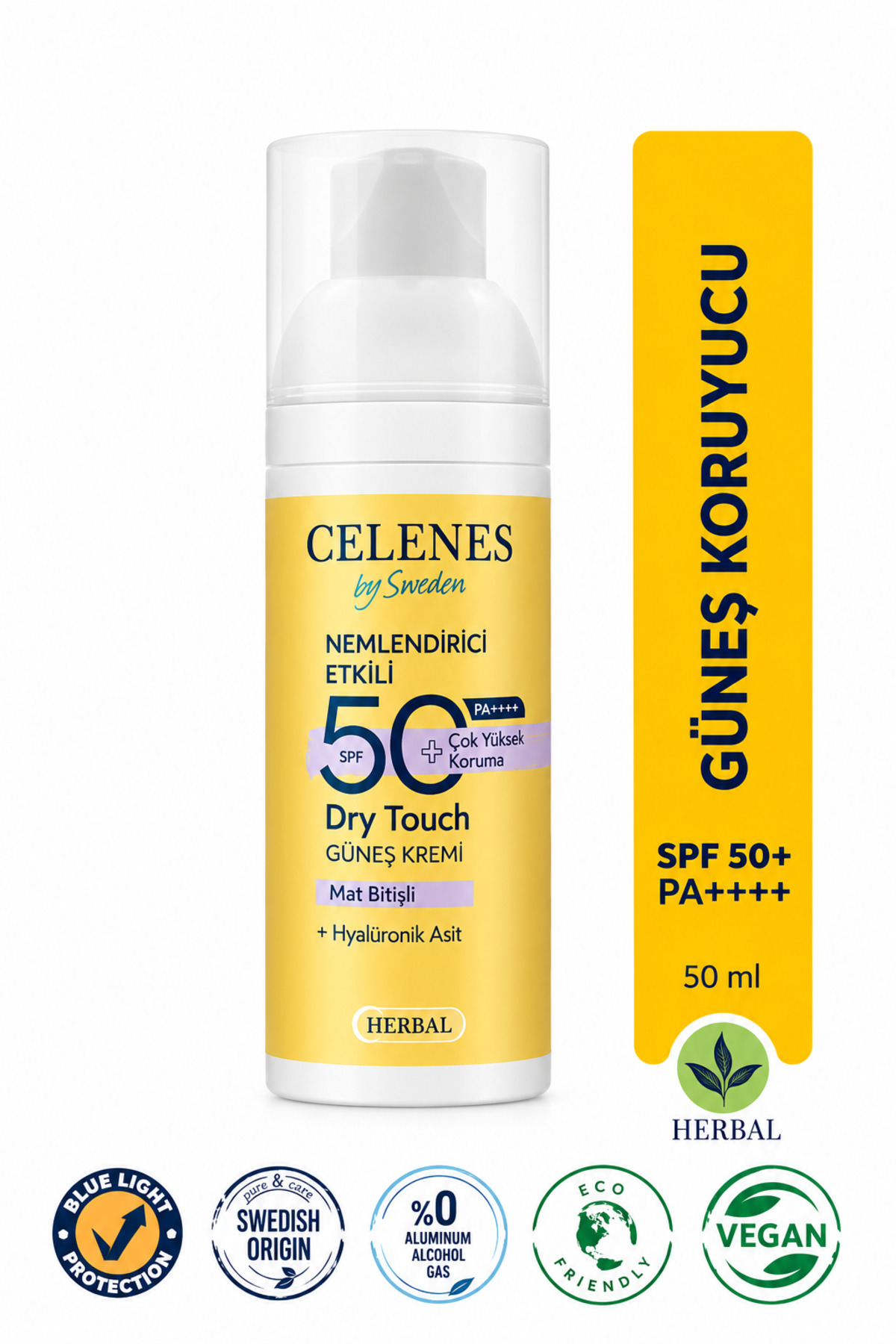 celenes by sweden Herbal Sunscreen Fluıd Spf 50+ Dry Touch All Skın Types Vıtamın C + Nıacınamıde, 50 ml