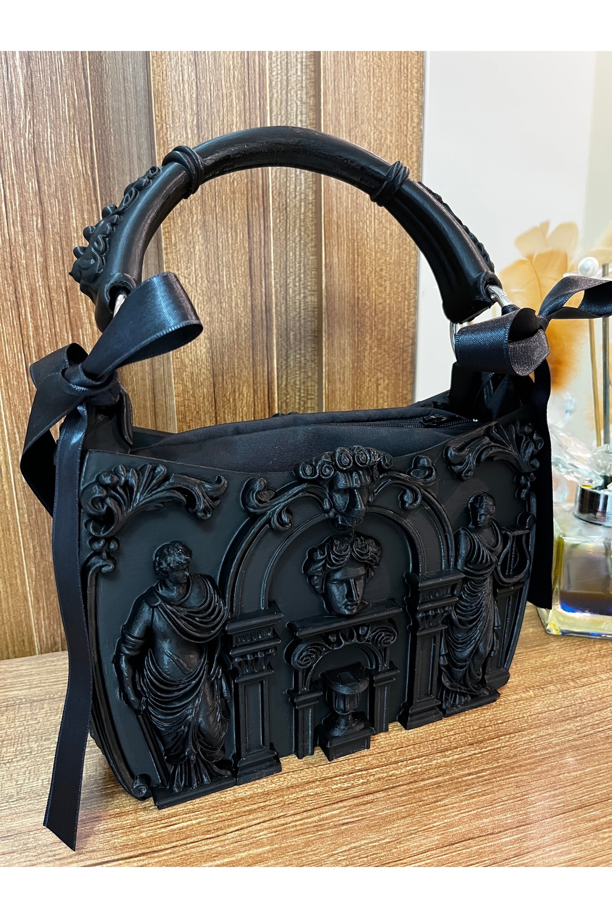 GÜLHOBY Siyah Gotik Çanta Eski Yunan Miteoloji Siyah Abiye Çanta İncirli Çapraz Çanta15x20 cm (Sert Plastik) görsel 2