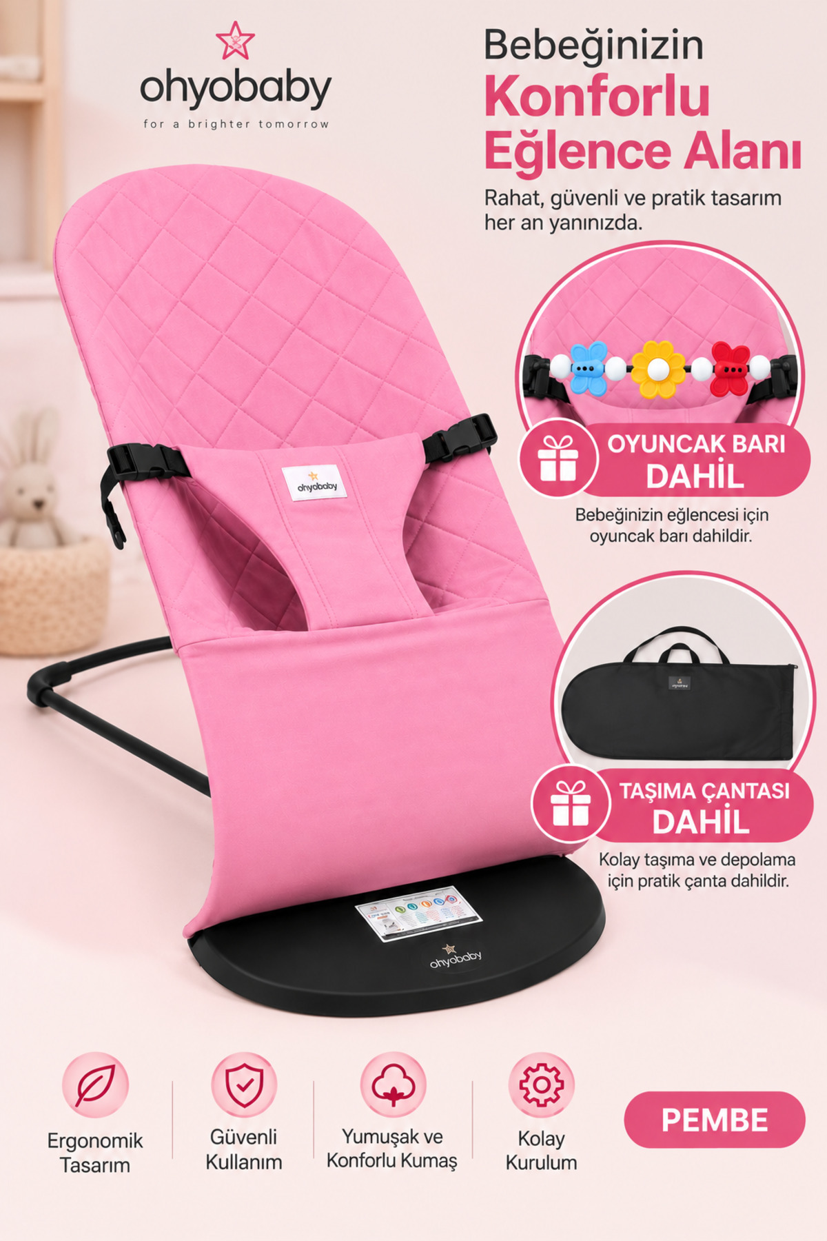 OHYO Oyuncaklı Çantalı Premium Cotton Bebekler Için Üç Kademeli Kolay Taşınabilir Sallanan Ana Kucağı-pembe