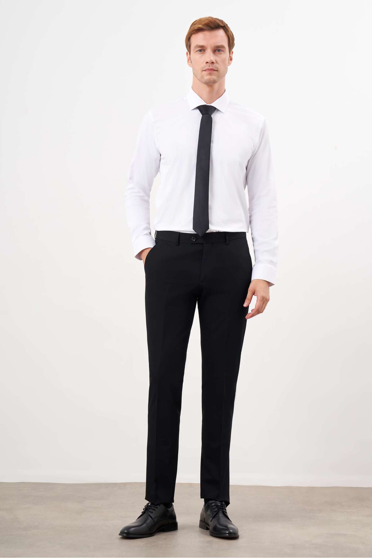 Morven Erkek Siyah Basic Düz Slim Fit 3'lü Takım Elbise Slim Fit Gömlek Düz Kravat görsel 7