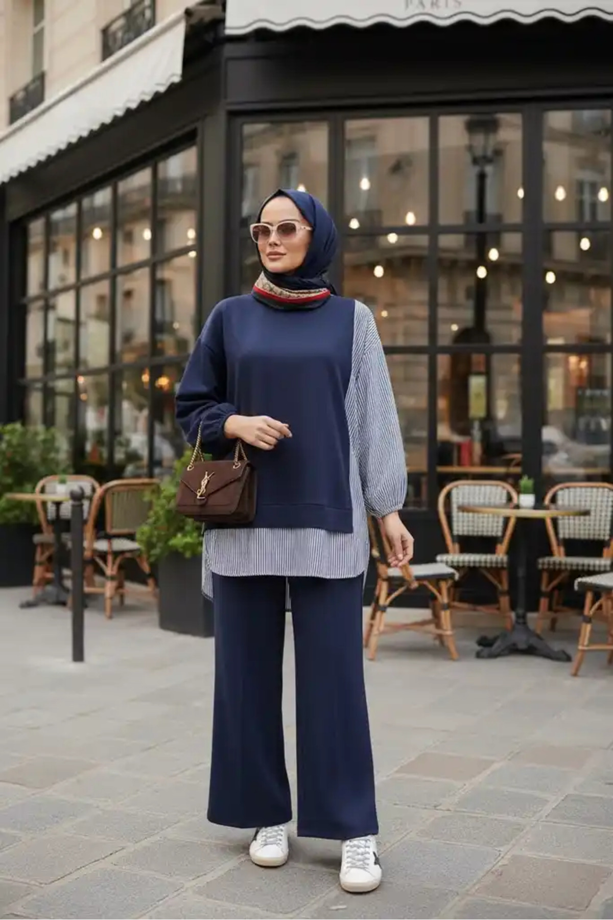 ASEL FASHİON Kadın Tesettür Takım Line İkili Takım Gömlek Lacivert görsel 7