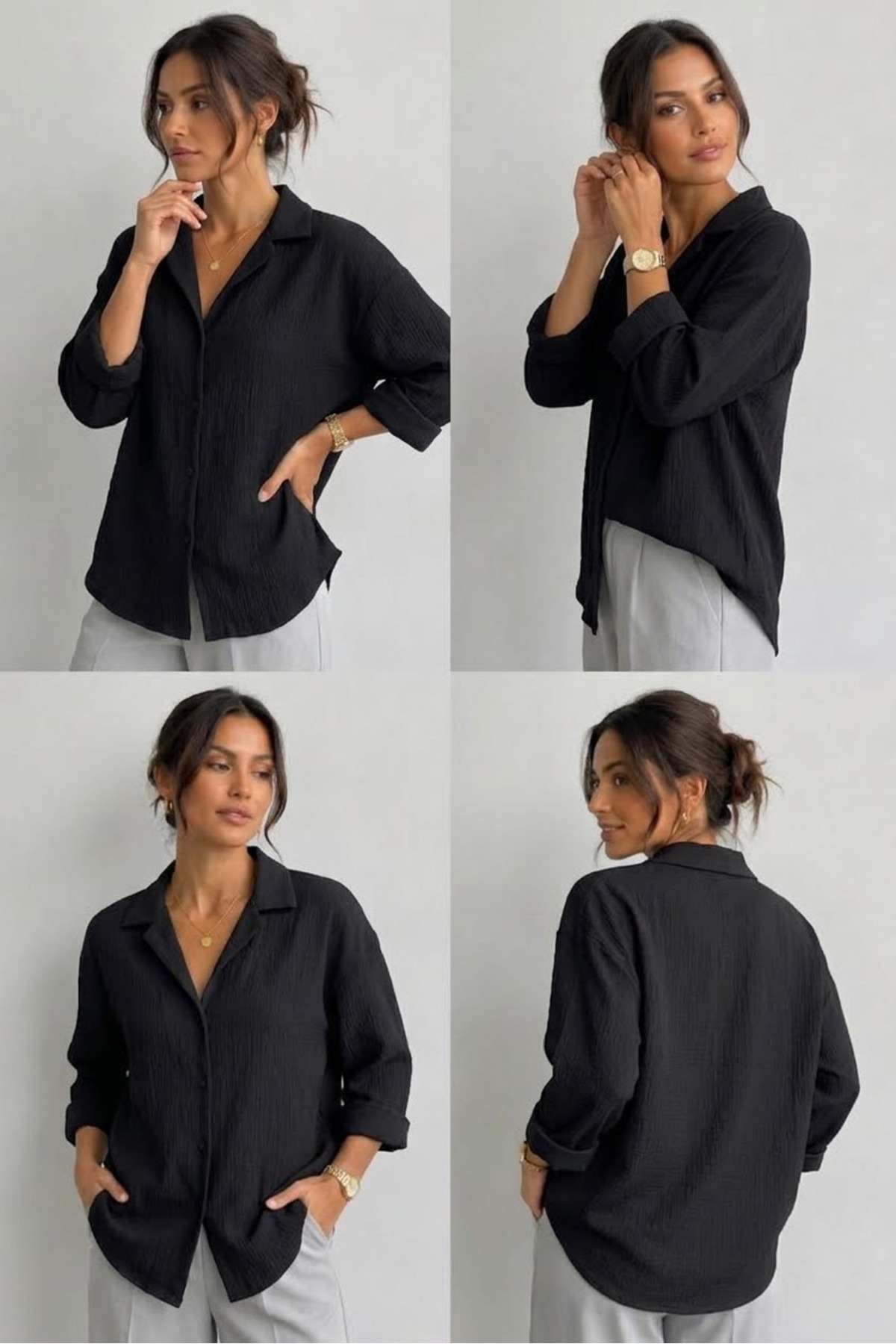 bb butik basic Ütü İstemeyen Oversize esnek Bürümcük kumaş Gömlek SİYAH görsel 6