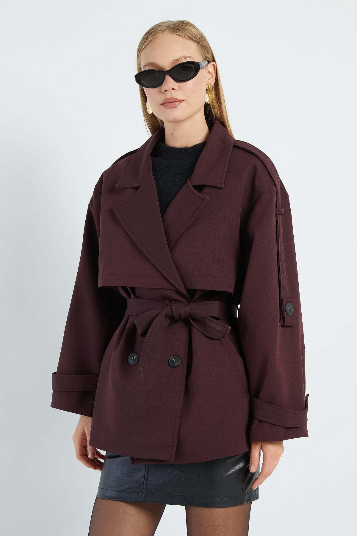 Fulla Moda Beli Kemerli Kruvaze Yaka Oversize Trençkot görsel 6